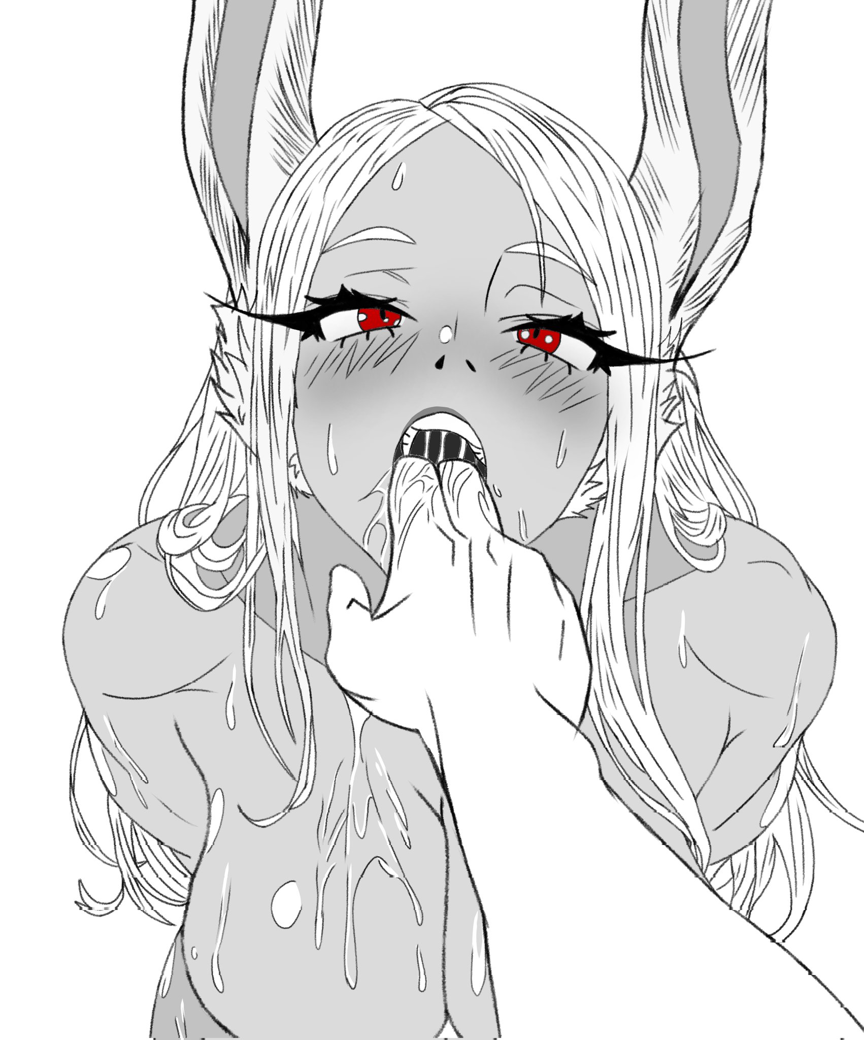1girls, boku no hero academia, excessive saliva, fellatio gesture, female, finger in mouth, mirko, miruko, muscular, muscular female, my hero academia, oral, rumi usagiyama, saliva, saliva trail, simulated fellatio, solo, sucking fingers, toned, toned female, tongue