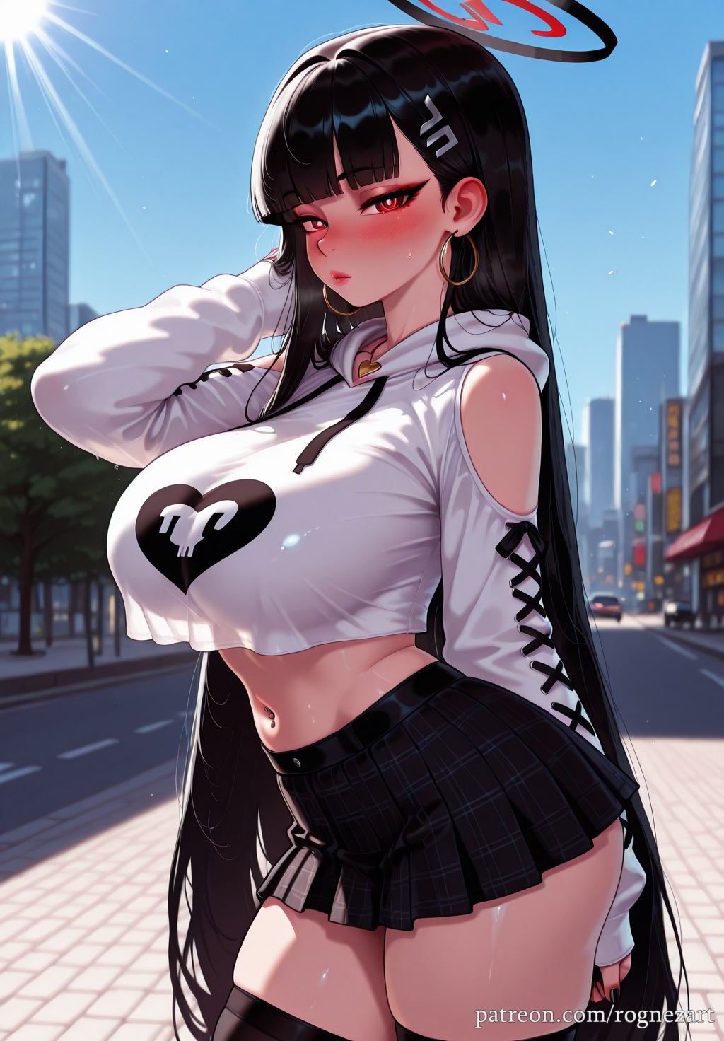 2025, ai assisted, ai generated, anime, bangs, black hair, black skirt, black thighhighs, blue archive, blunt bangs, blush, breasts, city, cleavage, clothing cutout, crop top, cropped hoodie, crossover, day, earrings, eye contact, female, female focus, female only, flushed, hair accessory, hair ornament, hairclip, halo, highres, hood, hoodie, hoop earrings, huge breasts, jewelry, large breasts, long hair, long sleeves, looking at viewer, midriff, miniskirt, navel, outdoors, patreon, plaid, pleated skirt, red eyes, rio (blue archive), rognezart, shoulder cutout, skindentation, skirt, sky, solo, thick thighs, thighhighs, thighs, very long hair