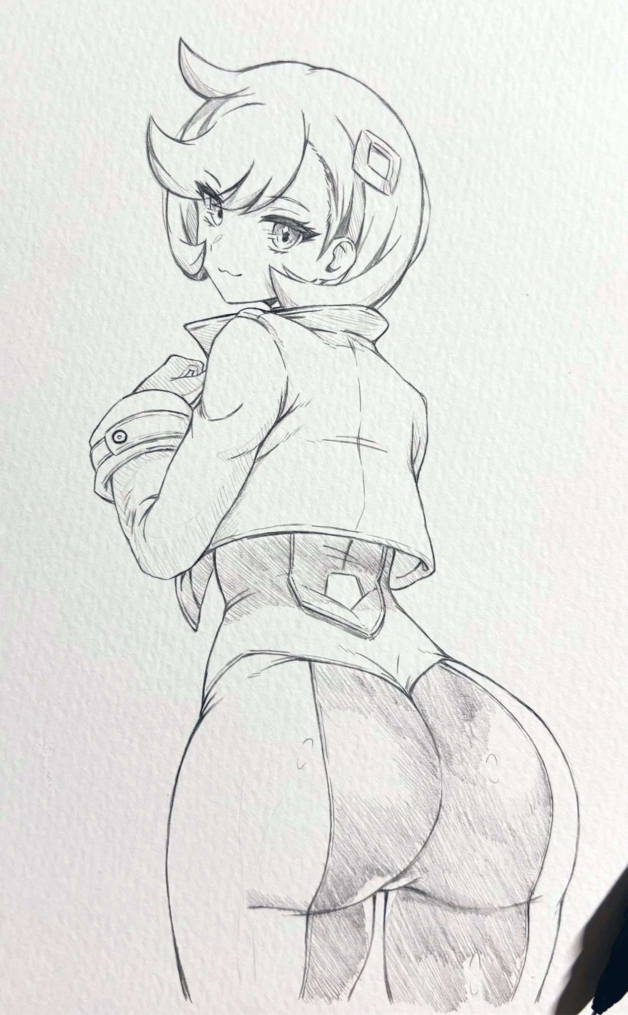 art tools in frame, ass, bodysuit, bodysuit under clothes, closed mouth, commentary request, cropped jacket, emma (pokemon), female, graphite (medium), greyscale, highres, jacket, looking at viewer, looking back, matiere (pokemon legends: z-a), matiere (pokemon), monochrome, nintendo, open clothes, open jacket, photo (medium), pokemon, pokemon legends: z-a, seishun dendeke, short hair, simple background, smile, solo, traditional media, white background