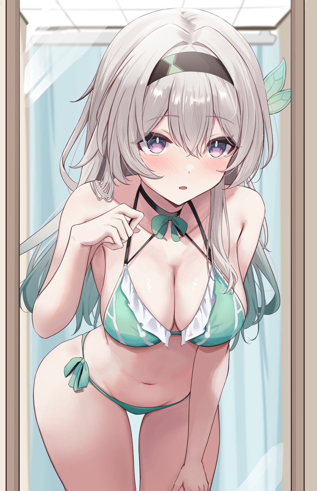 1girls, bikini, blush, breasts, breasts out, female, firefly (honkai: star rail), green swimsuit, grey hair, hair ornament, hairband, honkai (series), honkai: star rail, kunisaki, leaning forward, looking at self, mirror, mirror selfie, swimsuit
