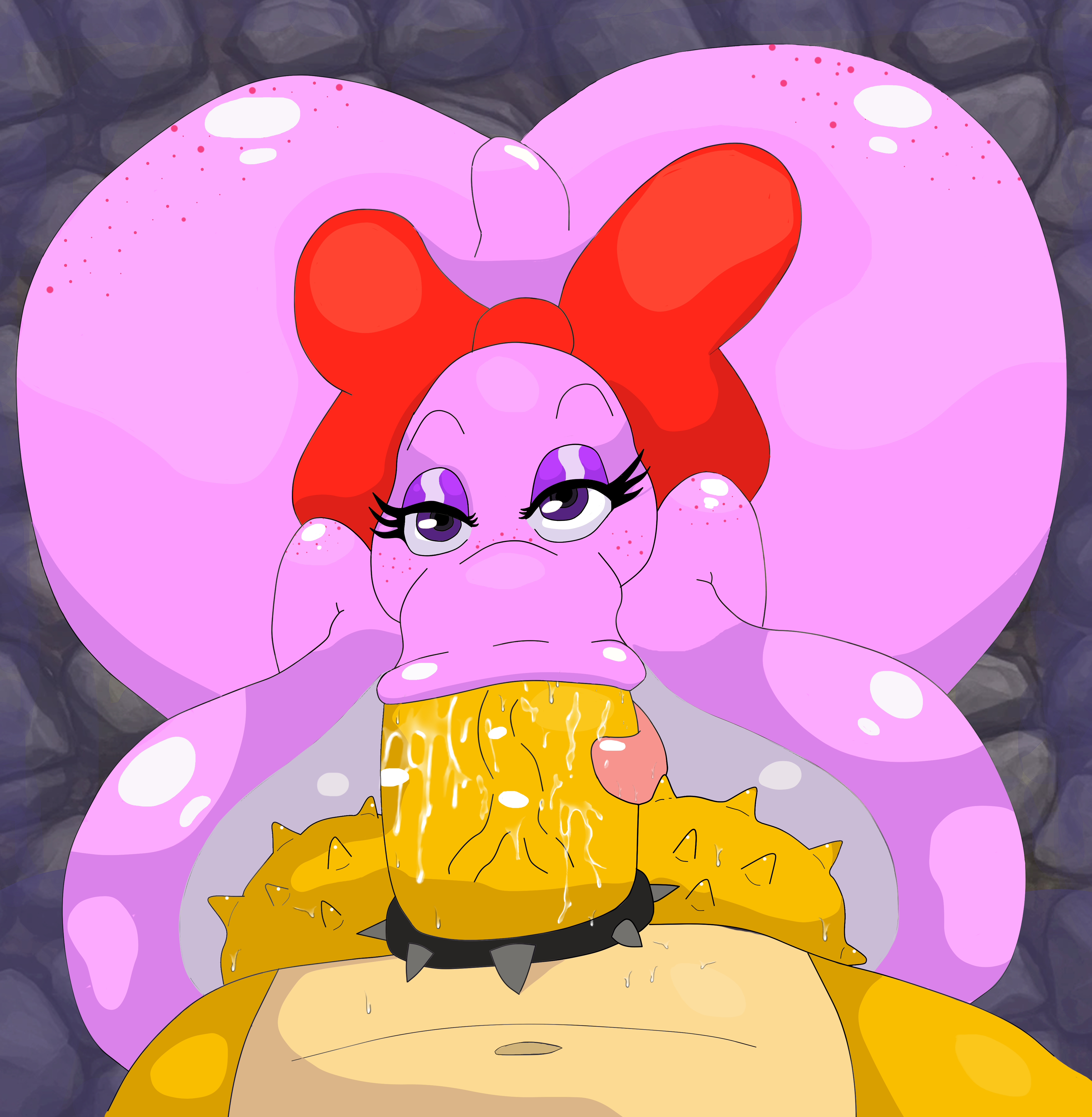 1boy, 1girls, artist lewdape, ass visible from the front, big ass, big breasts, big butt, bimbo, birdo, birdo (character), blowjob, bowser, breasts, deepthroat, dinosaur, dungeon, female, furry, huge breasts, lewdape, male, mario (series), scales, scalie, sloppy, sloppy blowjob, spiked collar, video game, wide hips