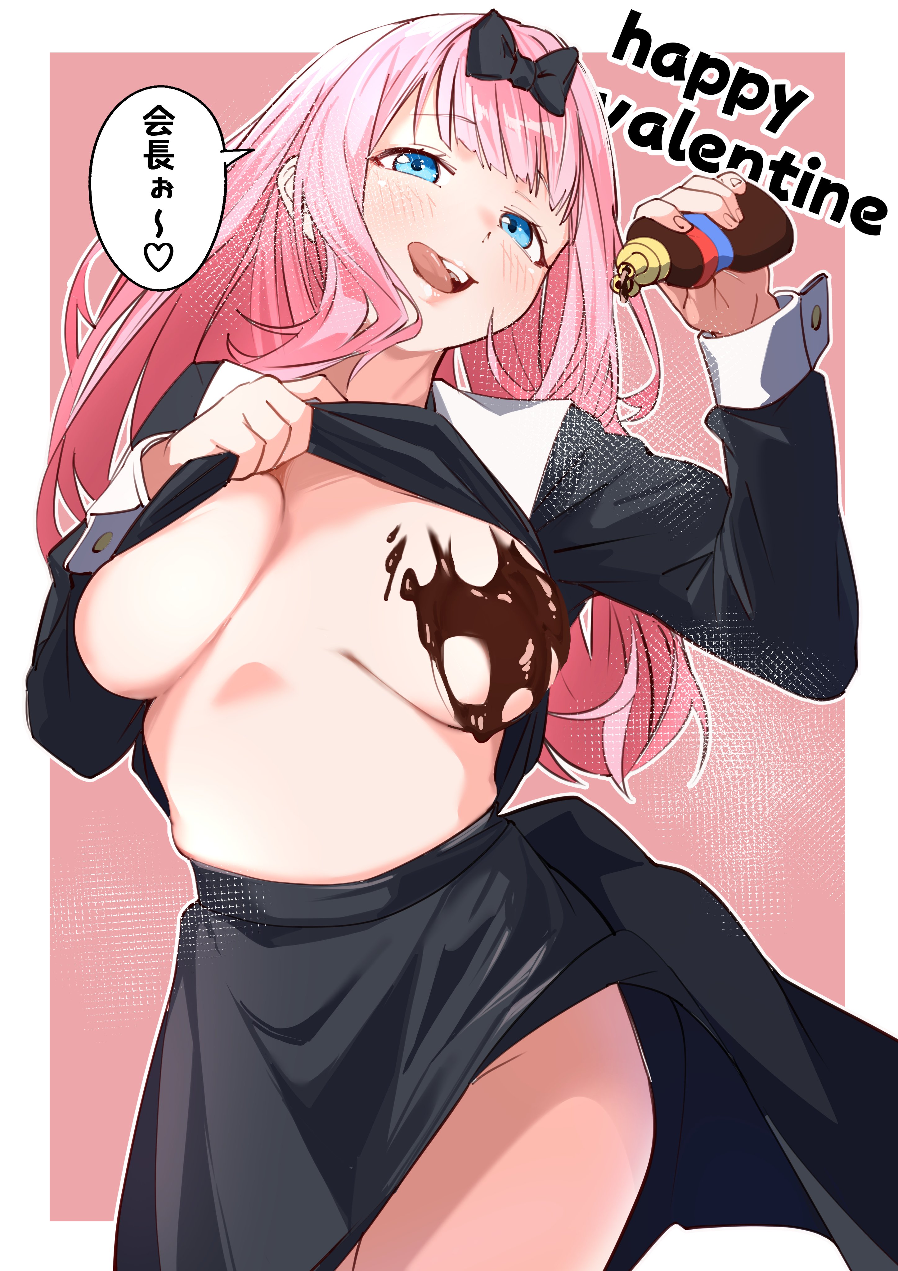 1girls, absurdres, black bow, black skirt, blue eyes, blunt bangs, blush, bottle, bow, breasts, chocolate, chocolate on body, chocolate on breasts, come hither, female, female only, food on body, fujiwara chika, hairbow, happy valentine, highres, holding, holding bottle, in heat, kaguya-sama wa kokurasetai ~tensai-tachi no renai zunousen~, large breasts, licking lips, long hair, looking at viewer, naughty face, no bra, open mouth, pink hair, school uniform, skirt, smile, solo, speech bubble, teasing, tongue, tongue out, translated