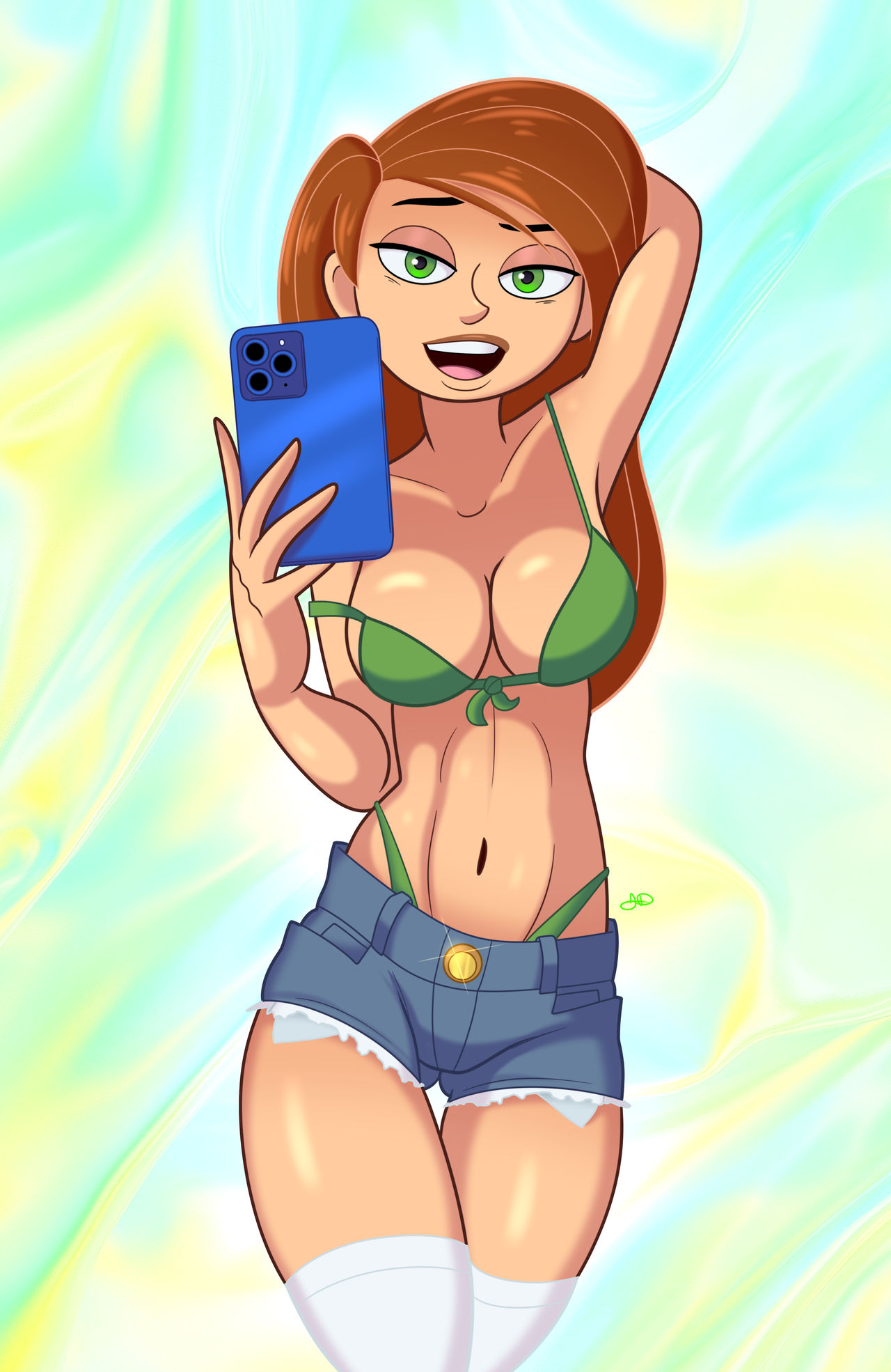 arm behind head, big breasts, bikini, bra strap slip, breasts, brown hair, cellphone, cellphone camera, denim, denim shorts, disney, disney xd, female, green eyes, jumpdriiver, kim possible, kimberly ann possible, looking at viewer, seductive, seductive pose, selfie, shorts, socks, thigh socks, thighhighs, white socks, white thighhighs