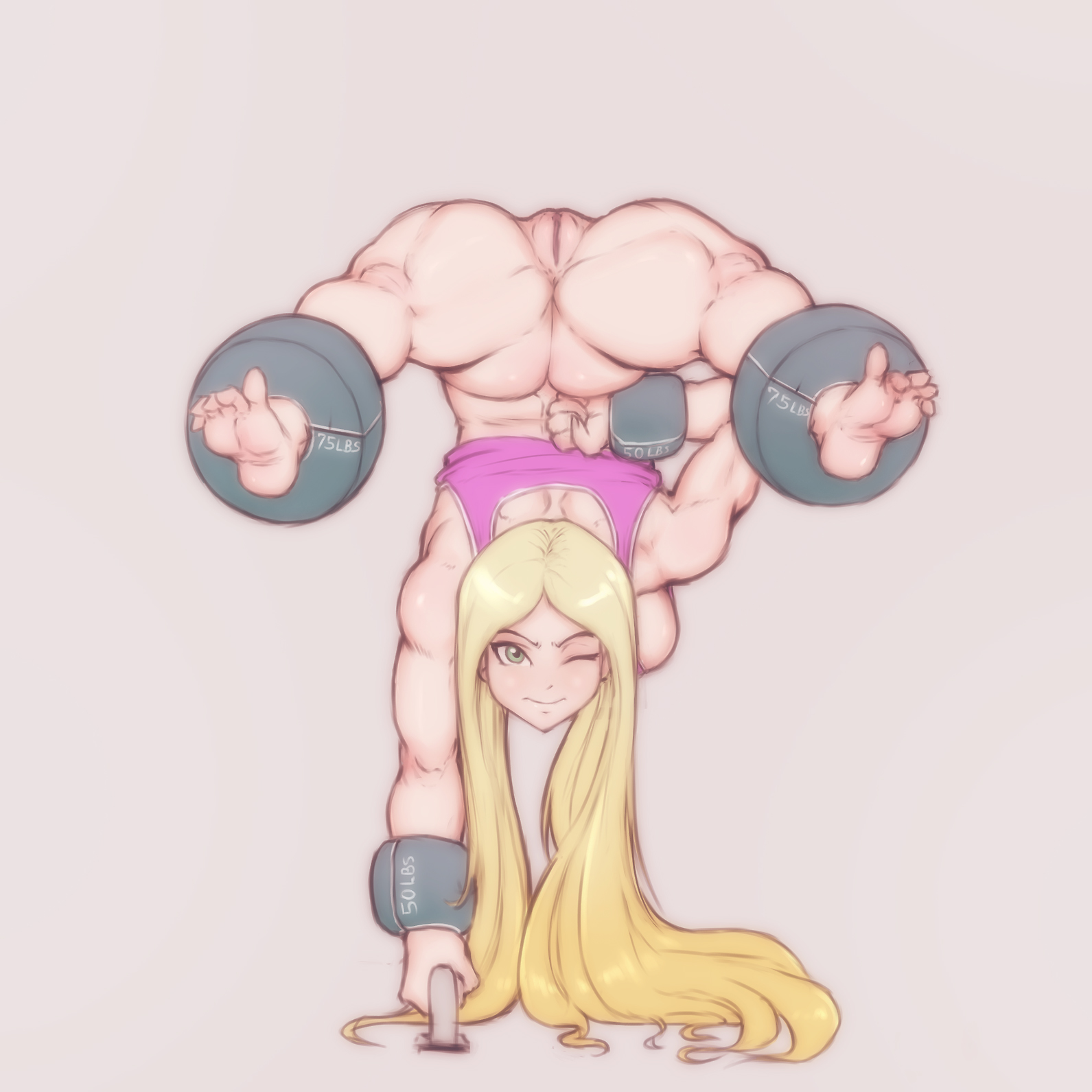 1girls, ass, blonde hair, bottomless, edit, exercise, female, female only, fit, flexible, flexible toes, green eyes, innie pussy, jenny clemens, long hair, oc, original, original character, pussy, randomboobguy, scorpion pose, solo, toned, toned female, weights, workout