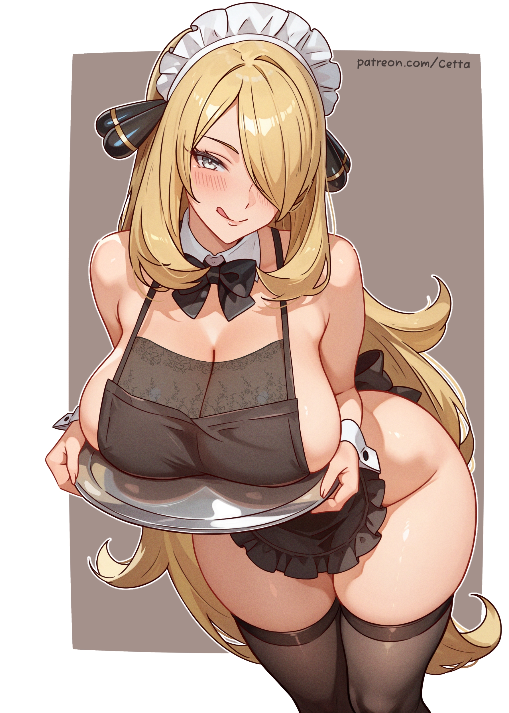 1girls, alternate version available, apron, big breasts, black apron, black eyes, black thighhighs, blonde hair, blonde-haired female, blush, breasts, breasts on tray, cetta (cettadvd), cleavage, cynthia (pokemon), female, female only, game freak, hair, hair ornament, hair over one eye, headwear, hips, holding object, holding tray, huge breasts, legwear, long hair, maid, maid apron, maid headdress, maid outfit, maid uniform, mature, mature female, mature woman, neckwear, pokemon, pokemon dppt, ribbon, smile, solo, solo female, thick thighs, thighhighs, thighs, tongue, tongue out, tray, wide hips
