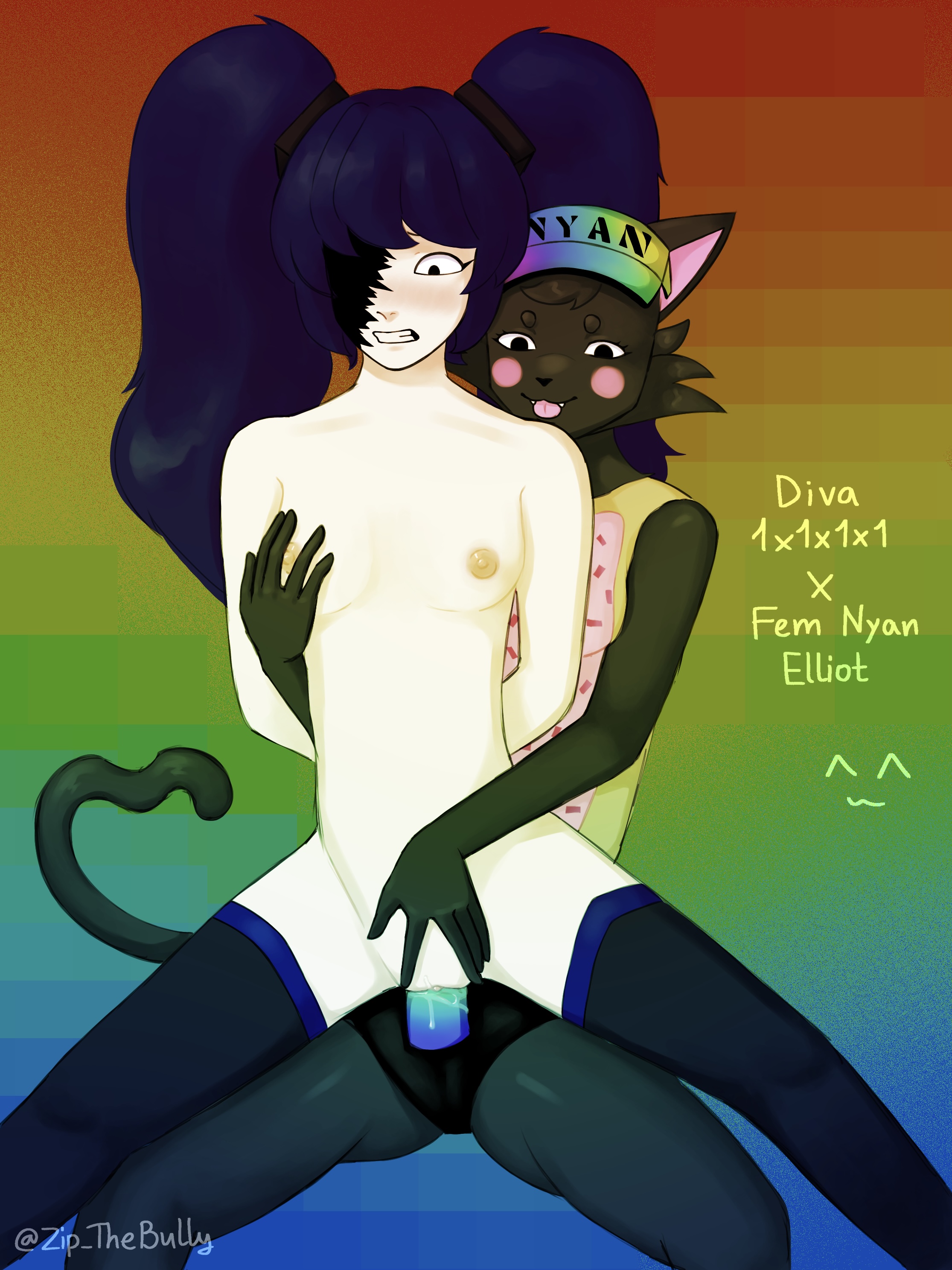 :3, 1x1x1x1 (forsaken), 2girls, animal ears, artist name, artist request, bangs, black eyes, black fur, black hair, black skin, blue hair, blush, blush stickers, body fur, breast grab, breasts, cat ears, cat girl, cat tail, char diva 1x1x1x1, collarbone, colored skin, dildo, diva (project diva: deep blue), elliot (forsaken), english text, female, forsaken (roblox), furry, furry female, furry with furry, grabbing, gradient, gradient background, hair over one eye, happy, hatsune miku, heart, lesbian sex, long hair, looking at another, looking down, multiple girls, nipples, nose blush, nude, nyan elliot (forsaken), object insertion, open mouth, project diva, project diva: deep blue, purple hair, pussy, roblox, roblox game, robloxian, rule 63, sex, sex toy, shirt, sitting, small breasts, smile, source request, spread legs, strap-on, strapon, tagme, tail, teeth, thighhighs, tongue, tongue out, twintails, uncensored, vaginal, vaginal object insertion, vocaloid, watermark, white skin, yellow shirt, yuri