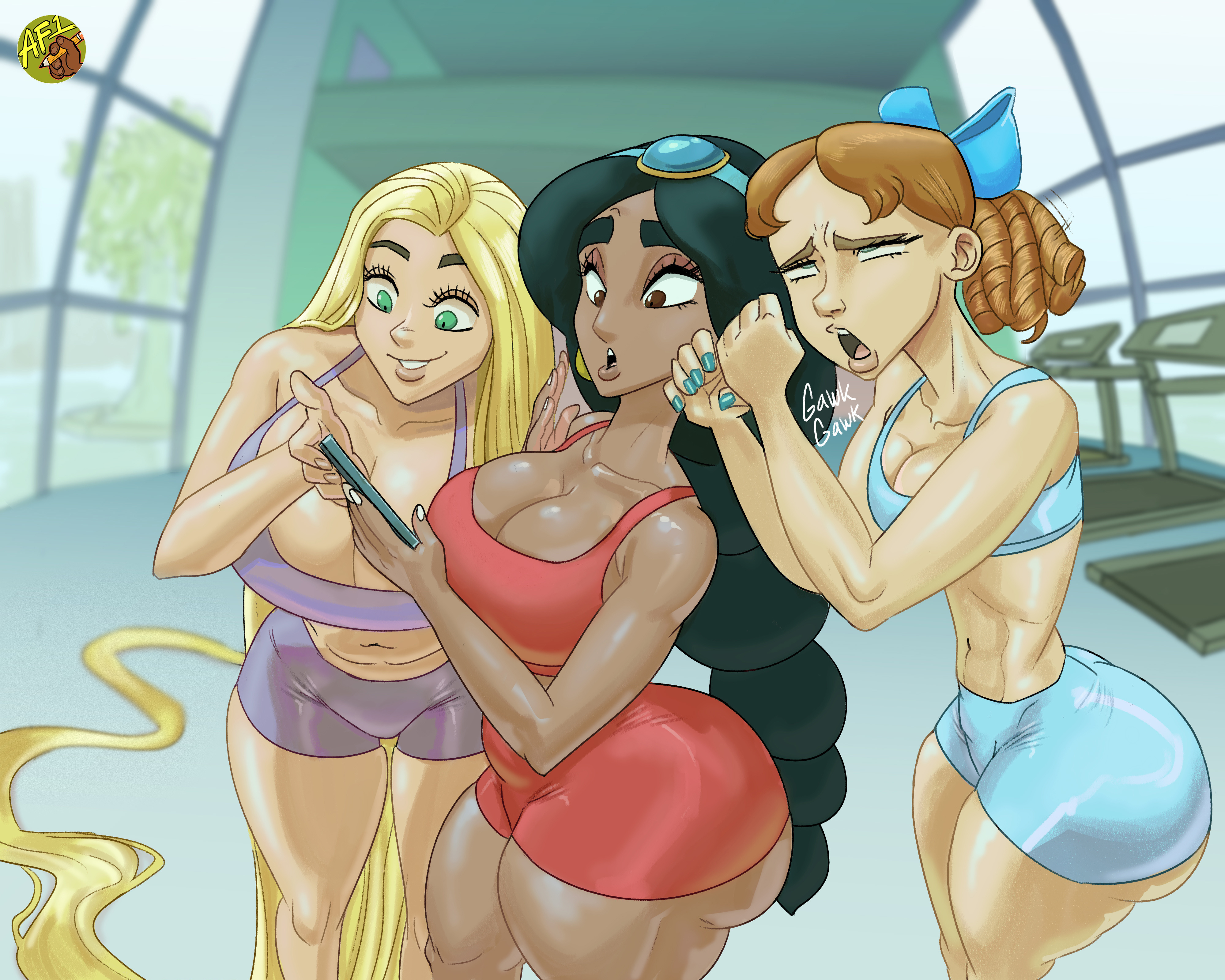 3girls, 5:4, aladdin, aladdin (1992 disney film), alternate version available, arabian, arabian female, artfoo 1, ass, big ass, big breasts, black hair, blonde hair, blue eyes, breasts, british, british female, brown eyes, brown hair, company connection, crossover, dark skin, dark-skinned female, disney, disney princess, fellatio gesture, female, female only, green eyes, gym, gym clothes, huge ass, huge breasts, large ass, large breasts, light skin, light-skinned female, long hair, multiple females, multiple girls, peter pan (disney), phone, princess jasmine, rapunzel, tangled, treadmill, very long hair, wendy darling