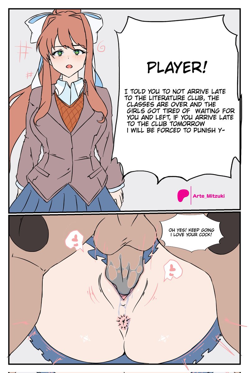 1boy, 1girls, anon, anus, arte mitzuki, ass, balls, blushing, brown hair, caught, dark-skinned male, doki doki literature club, female, green eyes, instant loss 2koma, interracial, light skin, light-skinned female, looking at viewer, loving it, male, mating press, monika (doki doki literature club), pussy, pussy juice, school uniform, serious, sex, squirting, talking to viewer, vaginal penetration, vaginal sex, white bow, you