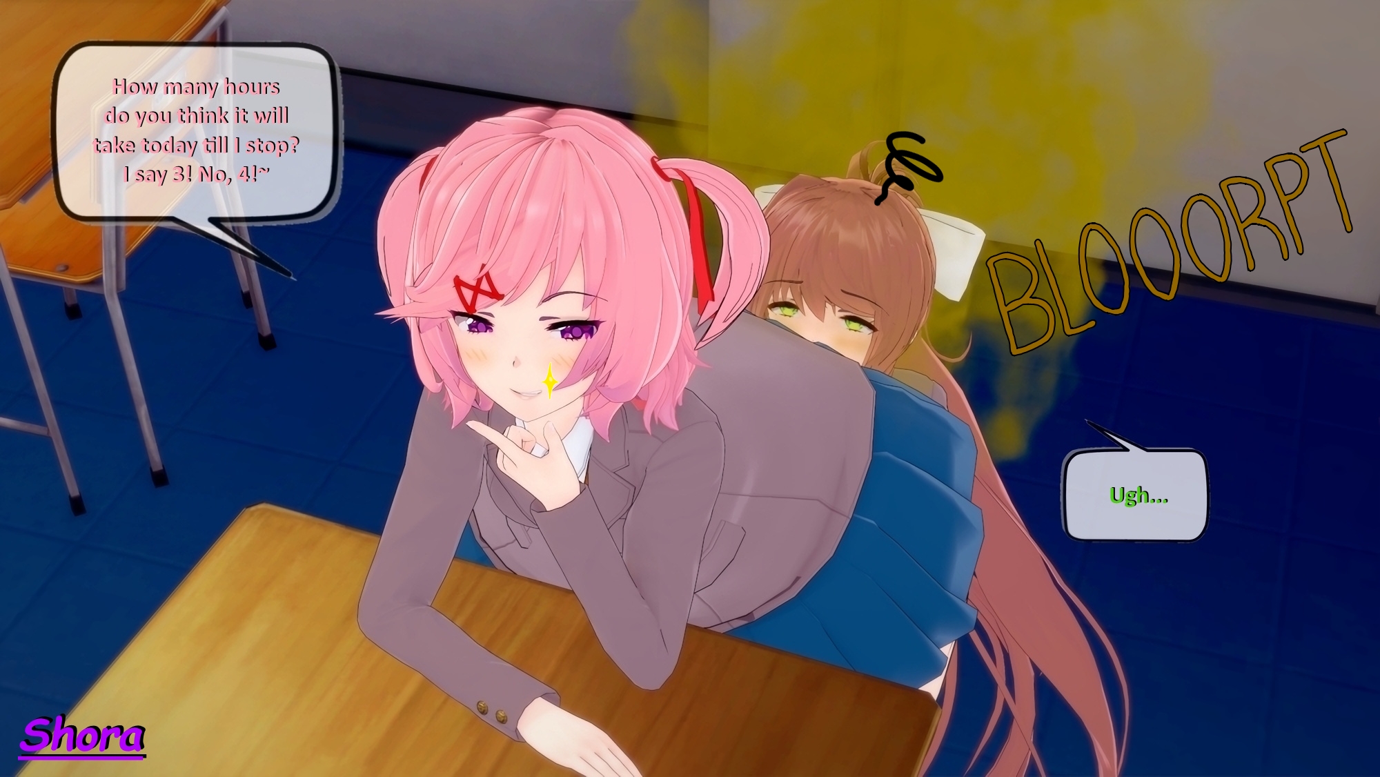 2girls, ass, big ass, big butt, classroom, doki doki literature club, domiantion, dominant female, face fart, fart, fart fetish, fart torture, farting, farting in face, farting on face, fat ass, fat butt, female, female only, humiliation, monika (doki doki literature club), natsuki (doki doki literature club), panties, punishment, school, school uniform, schoolgirl, shora gasniffa, yuri