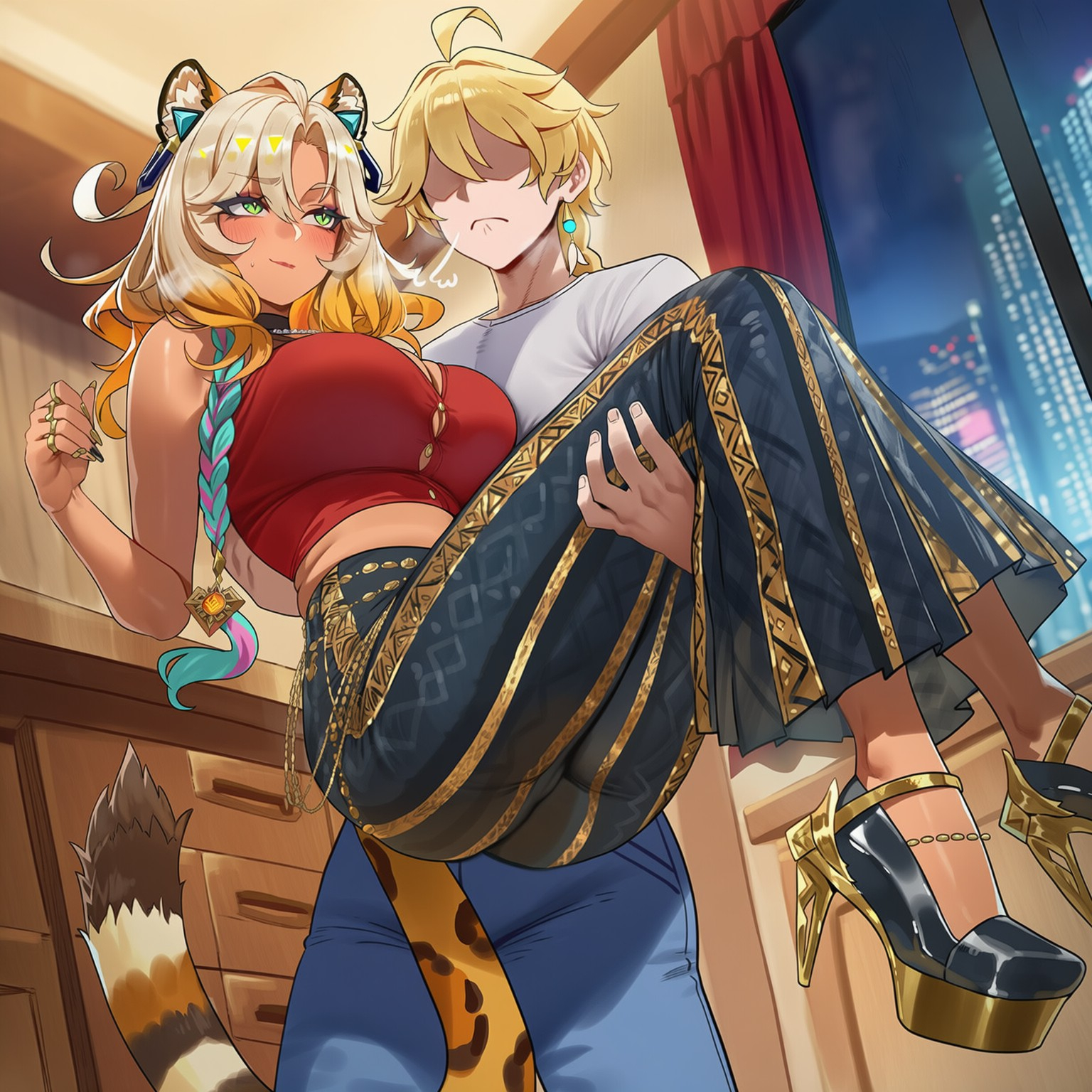 1boy, 1girls, absurd res, aether (genshin impact), ai generated, angry, annoyed, bell bottoms (pants), breasts, carrying another, carrying partner, carrying person, cheetah ears, cheetah girl, cheetah tail, dark-skinned female, faceless male, female, flare pants, forbidden pants, genshin impact, high heels, huge ass, huge breasts, imminent sex, liu (artist), looking at another, looking at partner, looking up, male, ocelot ears, ocelot girl, ocelot tail, sweatdrop, thick thighs, voluptuous, voluptuous female, worried, xilonen (genshin impact)