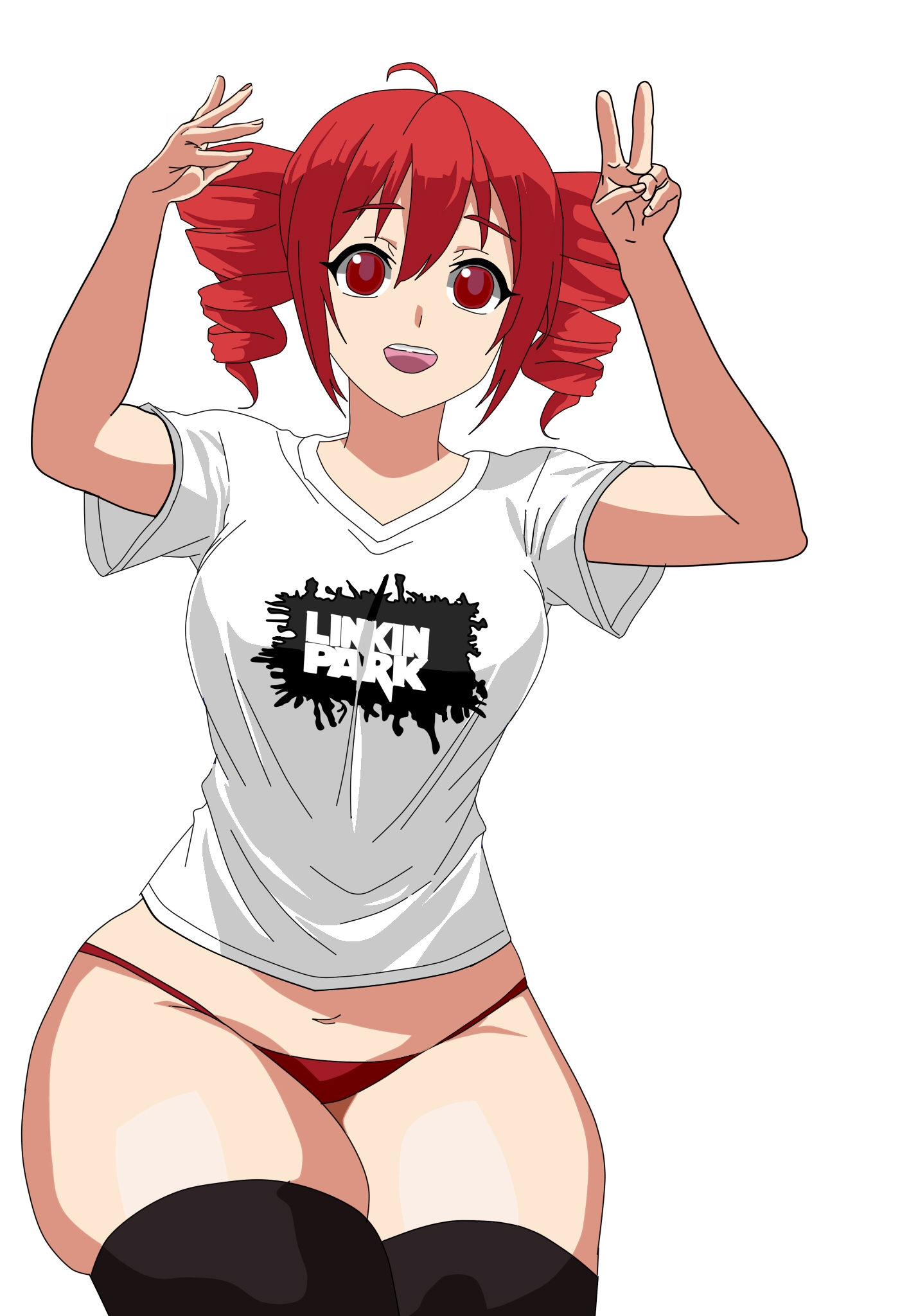 1girls, 2d, 2d (artwork), ahoge, arms up, belly, big breasts, big thighs, breasts, carpantino912, clothing, curvaceous, curvy, curvy female, curvy figure, fat thighs, female, female only, hourglass figure, huge thighs, kasane teto, large breasts, large thighs, navel, open mouth, panties, peace sign, red eyes, red hair, shiny skin, shirt, simple background, skindentation, slightly chubby, slightly chubby female, slim waist, solo, solo female, thick thighs, thighhighs, thighs, topwear, twin drills, white background, wide hips