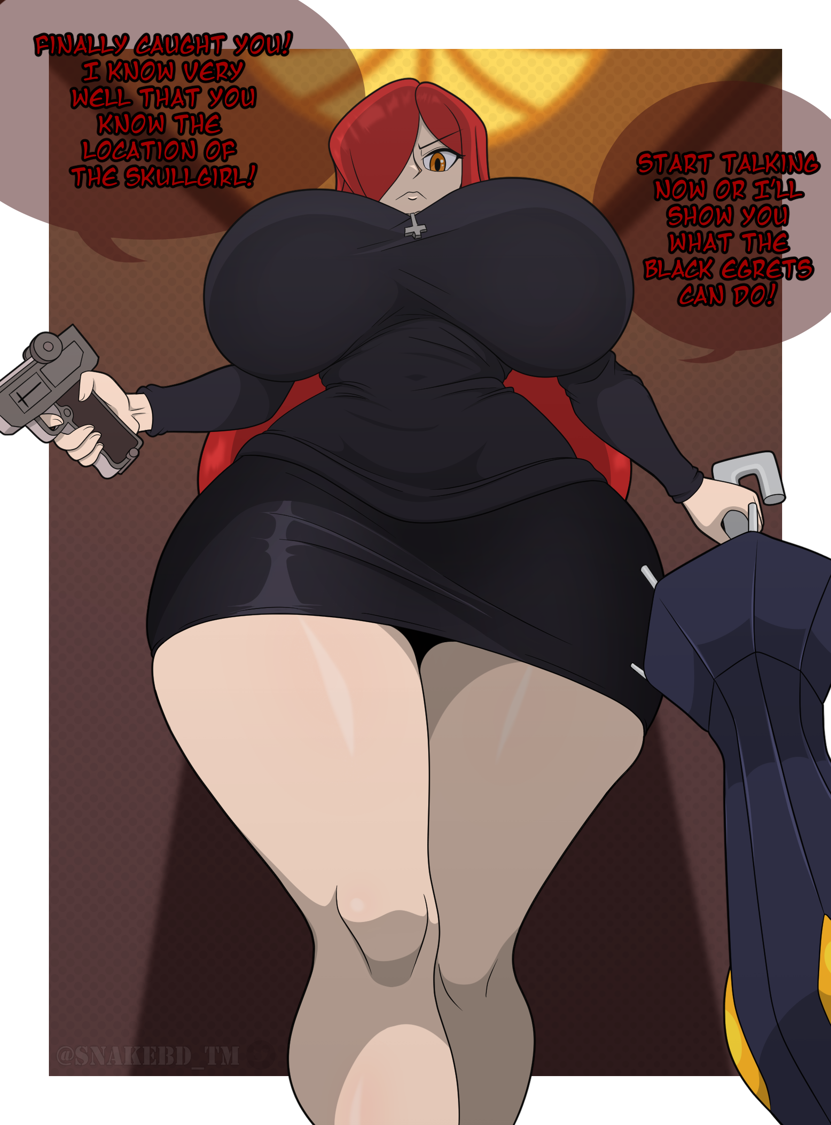 angry, angry face, bare thighs, big breasts, black sweater, breasts, breasts bigger than head, cross, cross necklace, english text, female, gun, hair covering eye, hair over one eye, krieg (skullgirls), long hair, long legs, looking at viewer, luger p08, narrow waist, parasoul, pistol, pov, red hair, redhead female, short skirt, skullgirls, snakebd, sweater, thick thighs, tight clothing, umbrella, voluptuous, voluptuous female, wide hips, yellow eyes