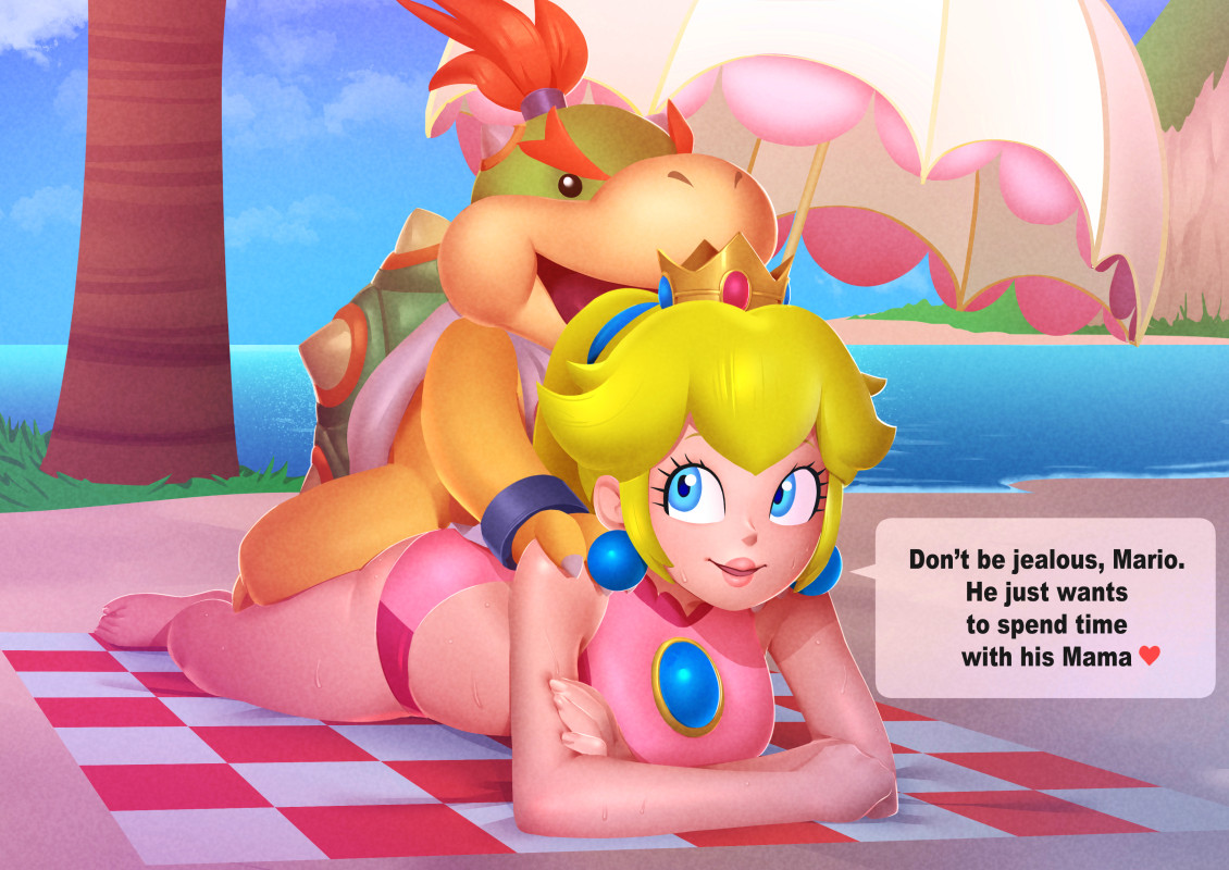 1boy, 1girls, 2020s, 2025, age difference, alternate costume, anthro, anthro male, arms crossed, ass, beach, beach towel, beach umbrella, big breasts, black eyes, blonde female, blonde hair, blue earrings, blue eyes, bodily fluids, bowser jr., breasts, busty, clothed, clothing, crossed arms, crown, cub, dialogue, digital drawing (artwork), digital media (artwork), duo, duo focus, ear piercing, earrings, english, english text, eyebrows, eyelashes, feet, female, female human, female on anthro, human, human female, human on anthro, interspecies, jewelry, koopa, large breasts, larger female, larger human, light skin, light-skinned female, lips, lying, makguff, male, male anthro, male cub, male on human, male/female, mammal, mario (series), nintendo, ocean, offscreen character, offscreen male, older female, older female and younger male, older human, on front, on stomach, open mouth, open smile, open-mouth smile, outdoors, piercing, princess peach, pseudo incest, pseudo incest (lore), reptile, royalty, scalie, scalie male, sea, shell, short shorts, shorts, size difference, smaller anthro, smaller male, smile, straight, super mario bros., super mario sunshine, sweat, talking, talking to another, text, thighs, url, water, young, young anthro, young male, younger anthro, younger male
