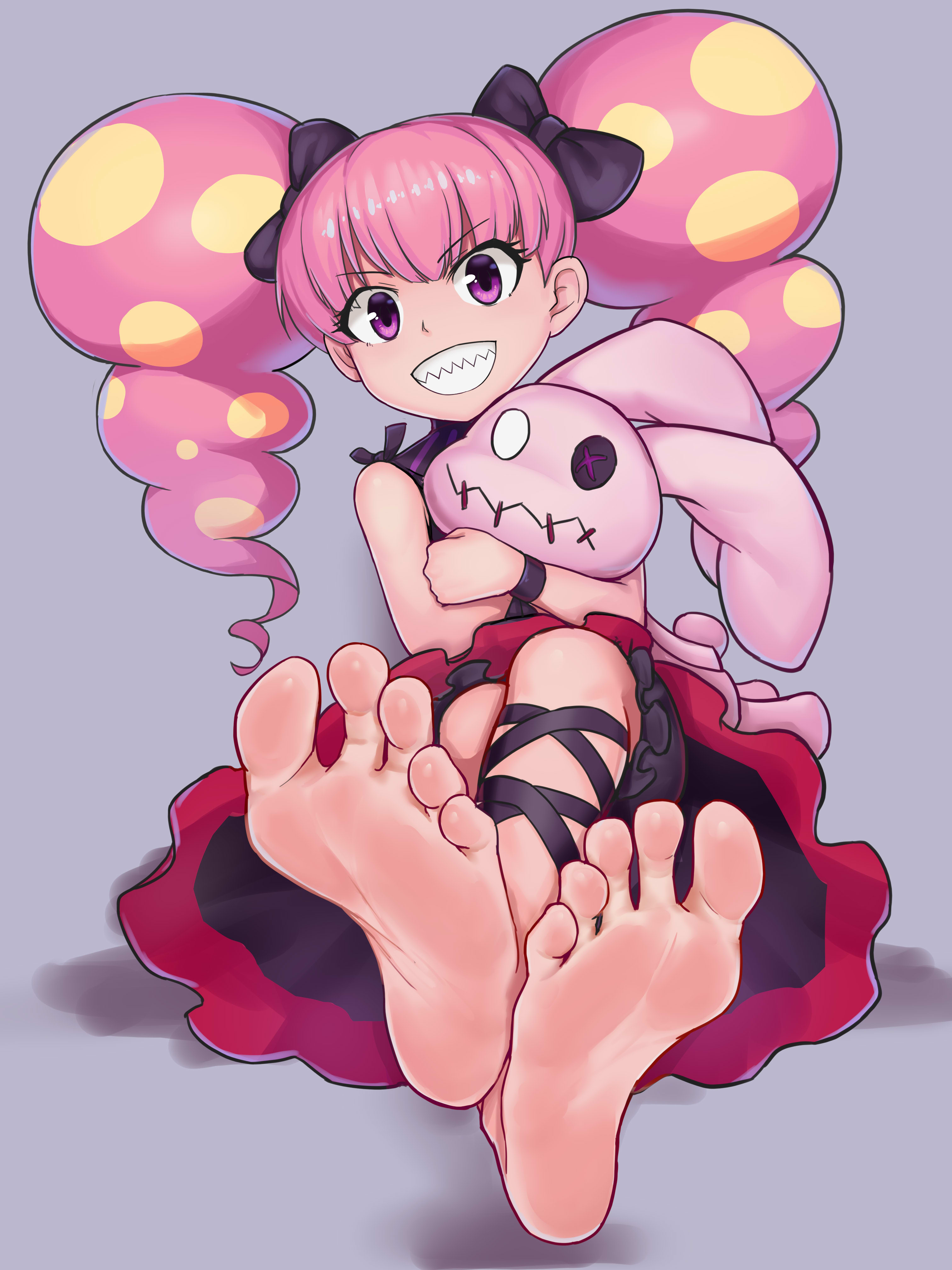 aged up, bakugan, bakugan battle planet, china riot, clothed, dress, feet, female, foot fetish, foot focus, jagged teeth, light skin, pink eyes, pink hair, plushie, sfw, sharp teeth, skirt, smile, soles, toes, twintails