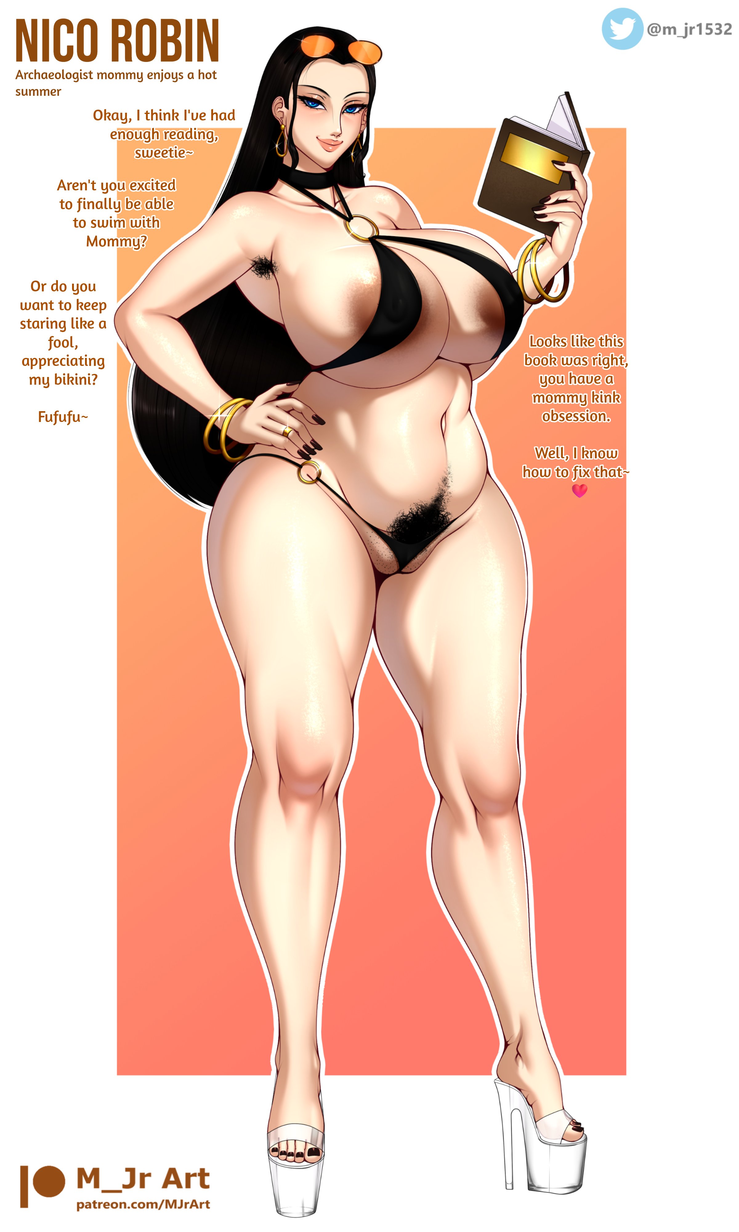 1girls, breasts, female, female only, hairy, high heel sandals, high heels, huge breasts, jpg, looking at viewer, m jr art, nail polish, nico robin, one piece, open toe footwear, open toe heels, open toe shoes, pubic hair, smile, smiling at viewer, solo, tagme, toenail polish, twitter link