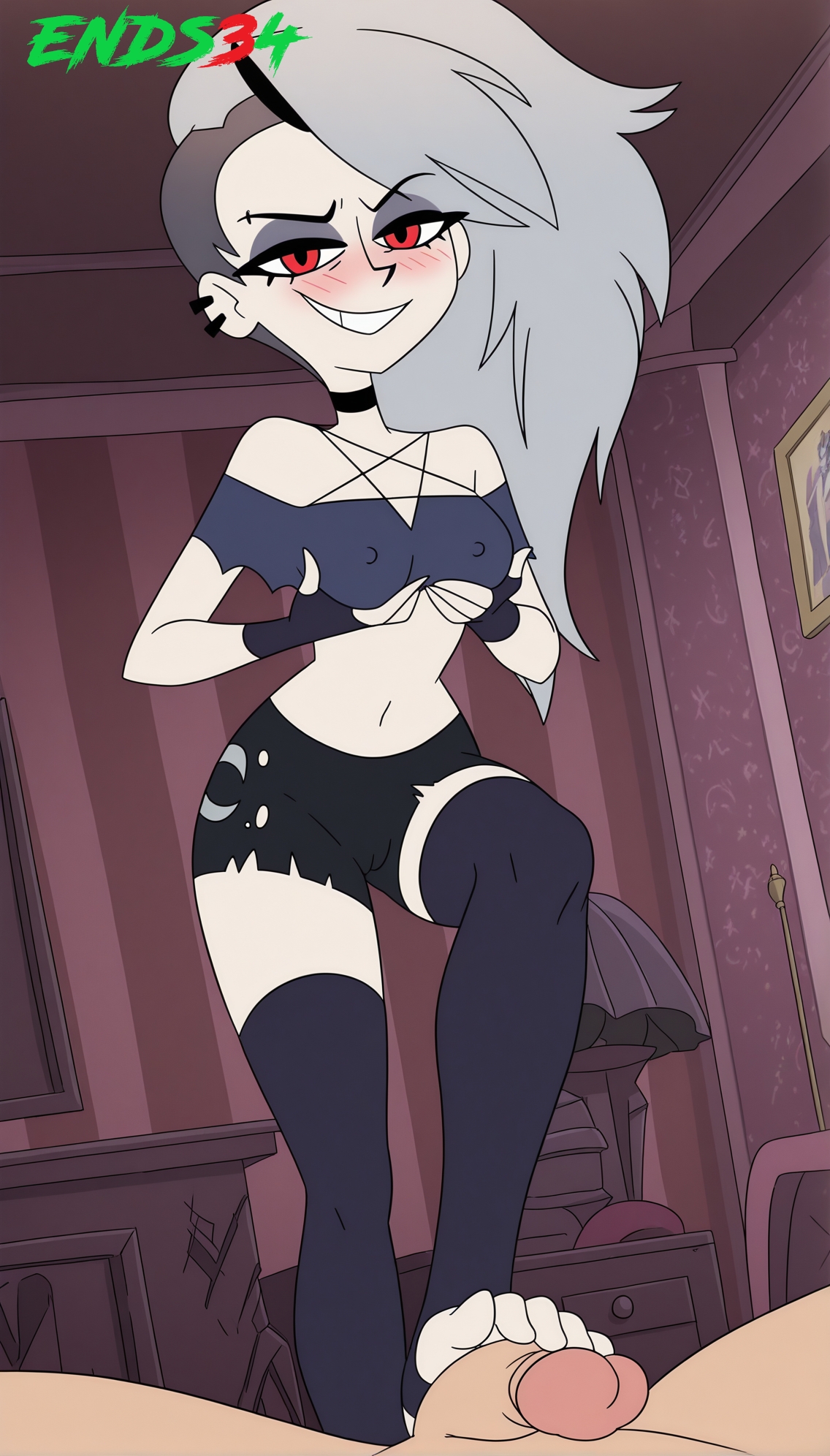 ai generated, crop top, ends34, female, female focus, footjob, goth girl, helluva boss, human loona, long hair, male, penis, red eyes, shorts, silver hair, stockings, thighhighs