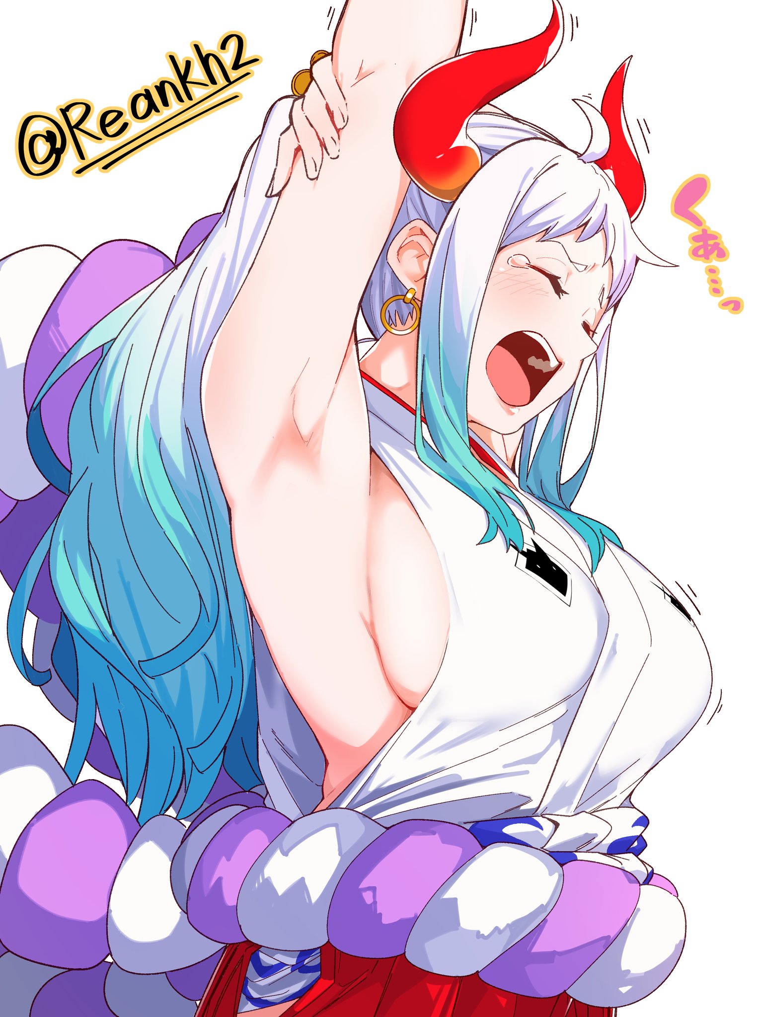 1girls, aqua hair, arm behind head, armpits, arms up, breasts, closed eyes, curled horns, earrings, female, female only, fingernails, furrowed brow, gradient hair, hair ornament, hair stick, hakama, hand on own arm, high ponytail, highres, horns, japanese clothes, jewelry, kimono, large breasts, multicolored hair, multicolored horns, one piece, oni, open mouth, orange horns, ponytail, re:ankh, red horns, rope, shimenawa, sideboob, sleepy, sleeveless, sleeveless kimono, solo, stretching, tearing up, twitter username, two-tone hair, upper body, white hair, white-haired female, yamato (one piece), yawning