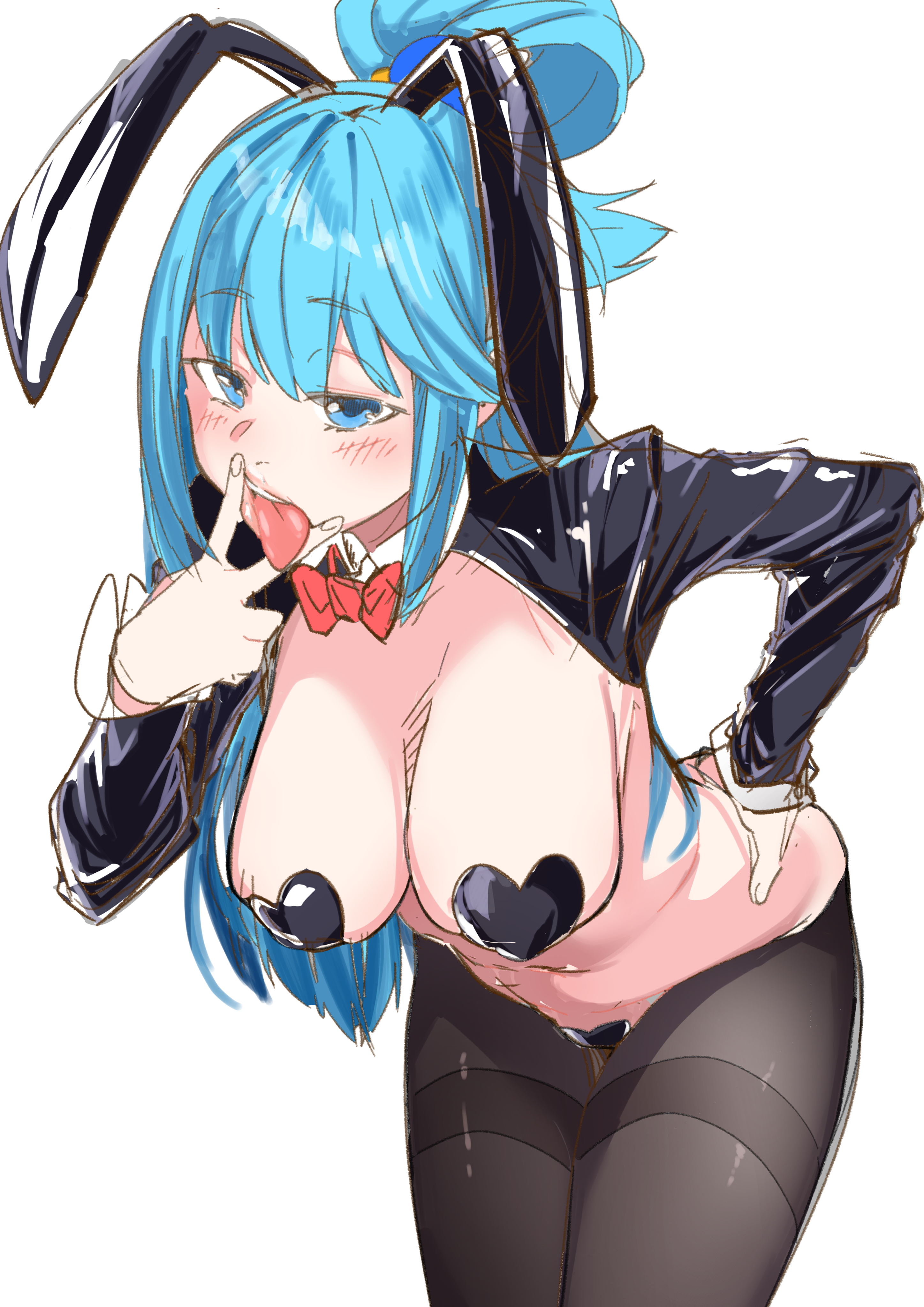1girls, absurdres, animal ears, aqua (konosuba), bent over, black pantyhose, blue eyes, blue hair, blush, breasts, cleavage, fake animal ears, female, female only, hair ornament, hair rings, hand on own hip, heart pasties, highres, large breasts, long hair, looking at viewer, navel, open mouth, pantyhose, pasties, revealing clothes, reverse bunnysuit, reverse outfit, solo, stomach, thighs, tongue, tongue out, v, v over mouth