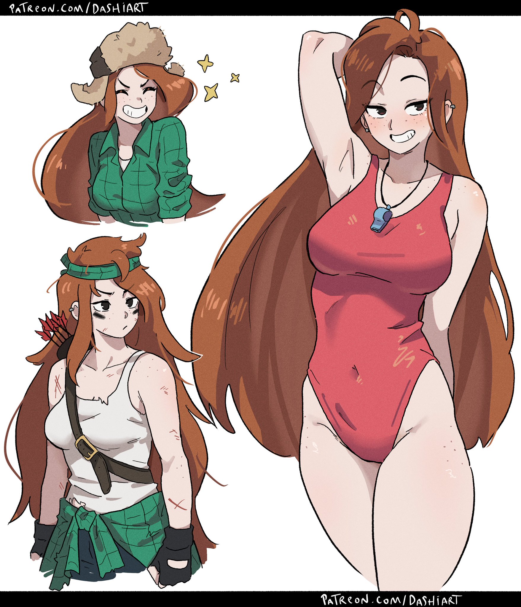 1girls, dashi art, female, female only, ginger, ginger female, ginger hair, gravity falls, green shirt, hat, one-piece swimsuit, red hair, red one-piece swimsuit, red swimsuit, redhead, redhead female, swimsuit, tank top, tomboy, wendy corduroy, white tank top