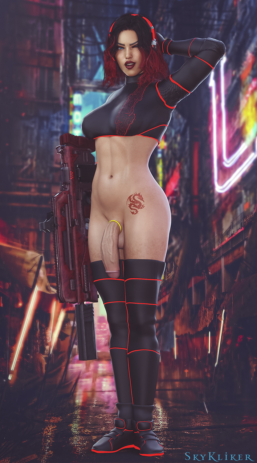 1futa 3d armwear aurelia_(skykliker) balls big_breasts bottomless breasts casual cock_ring curvy exposed_torso firearm flaccid futa_only futa_sans_pussy futanari gun human intersex large_breasts large_penis legwear looking_at_viewer muscular_futanari pale_skin penis realistic rifle skykliker solo solo_futa standing suppressor testicles thighhighs veiny_penis weapon