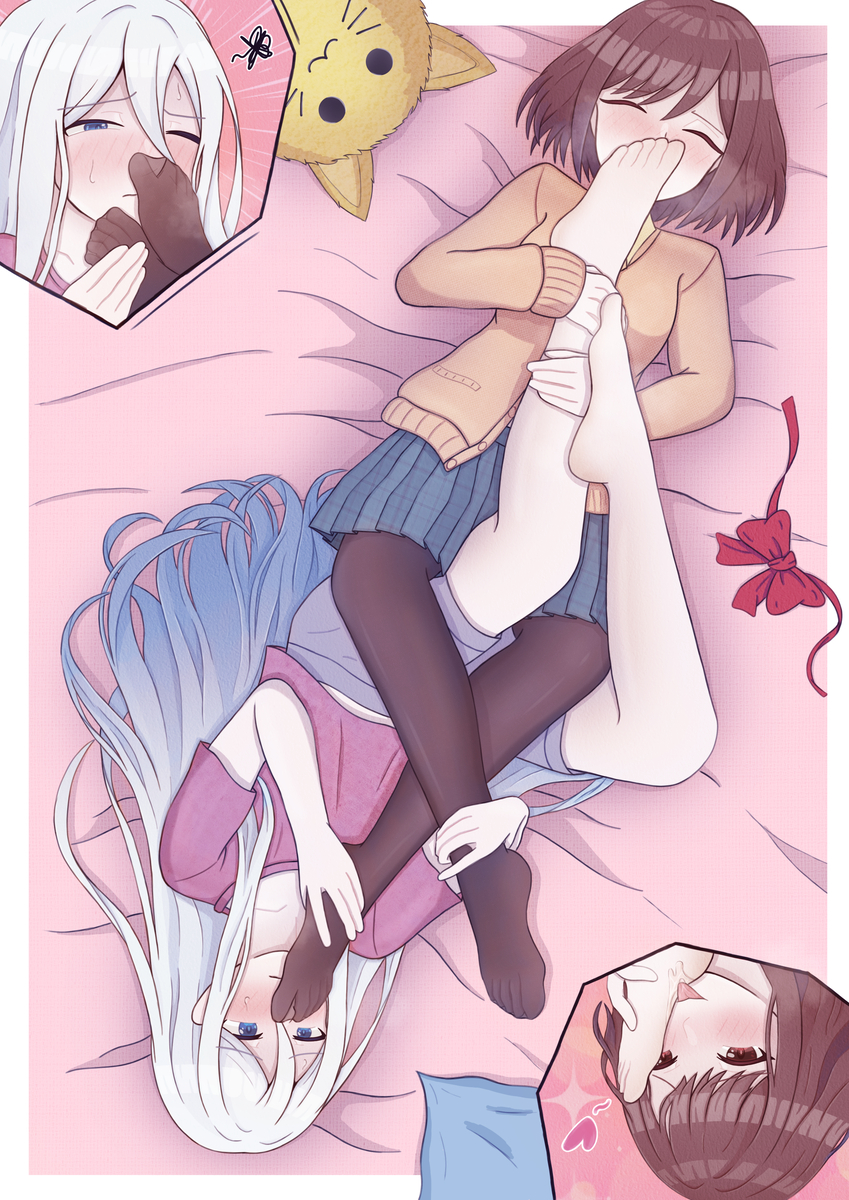 2girls, barefoot, bed sheet, blue eyes, blush, brown eyes, brown hair, close-up, feet, feline, female, foot fetish, foot focus, foot worship, gradient hair, licking foot, miniskirt, multicolored hair, multiple females, multiple girls, mutual foot worship, pantyhose, project sekai, ribbon, shinonome ena, shirt, shorts, skirt, smell, smelling, source request, sweat, sweater, t-shirt, upside-down, white hair, yoisaki kanade, yuri