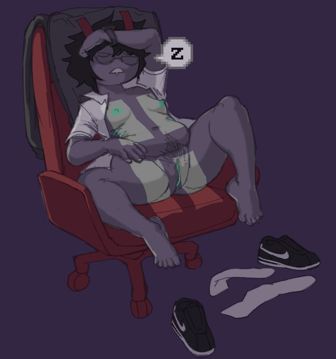 1girls, alien, black hair, black-haired female, breasts, chair, chubby, chubby female, exposed pussy, feet, female, female only, flat chest, flat chested, hiveswap, homestuck, homestuck troll, pants removed, pussy, s squant, short black hair, short hair, short-haired female, sitting, sleep, sleeping, small breasts, tyzias entykk