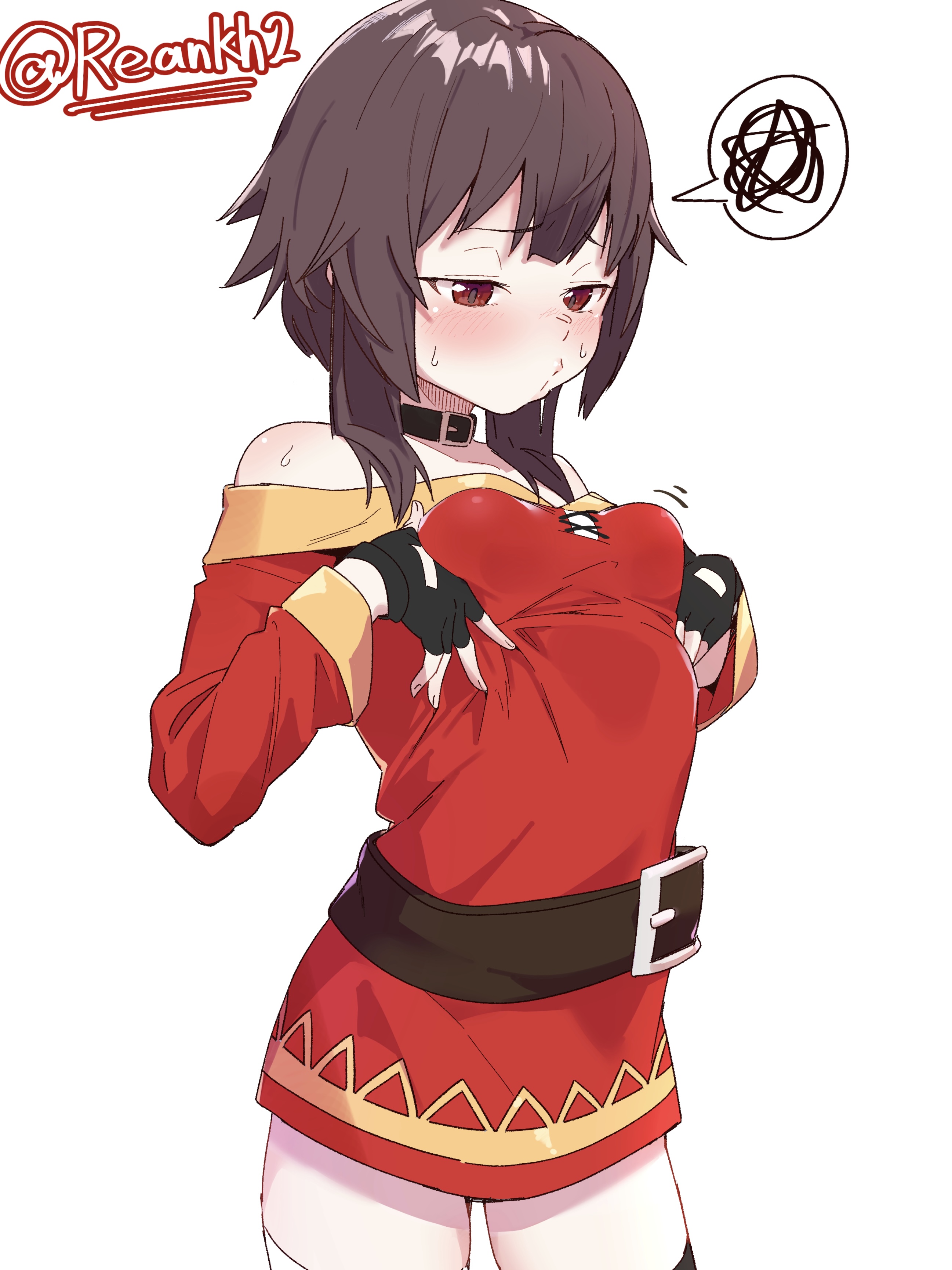 1girls, absurdres, bandages, bare shoulders, belt, black choker, blush, breast lift, breasts, brown belt, brown hair, choker, dress, female, female only, fingerless gloves, gloves, highres, megumin, red dress, red eyes, short hair, short hair with long locks, solo, spoken squiggle, squiggle, thighhighs