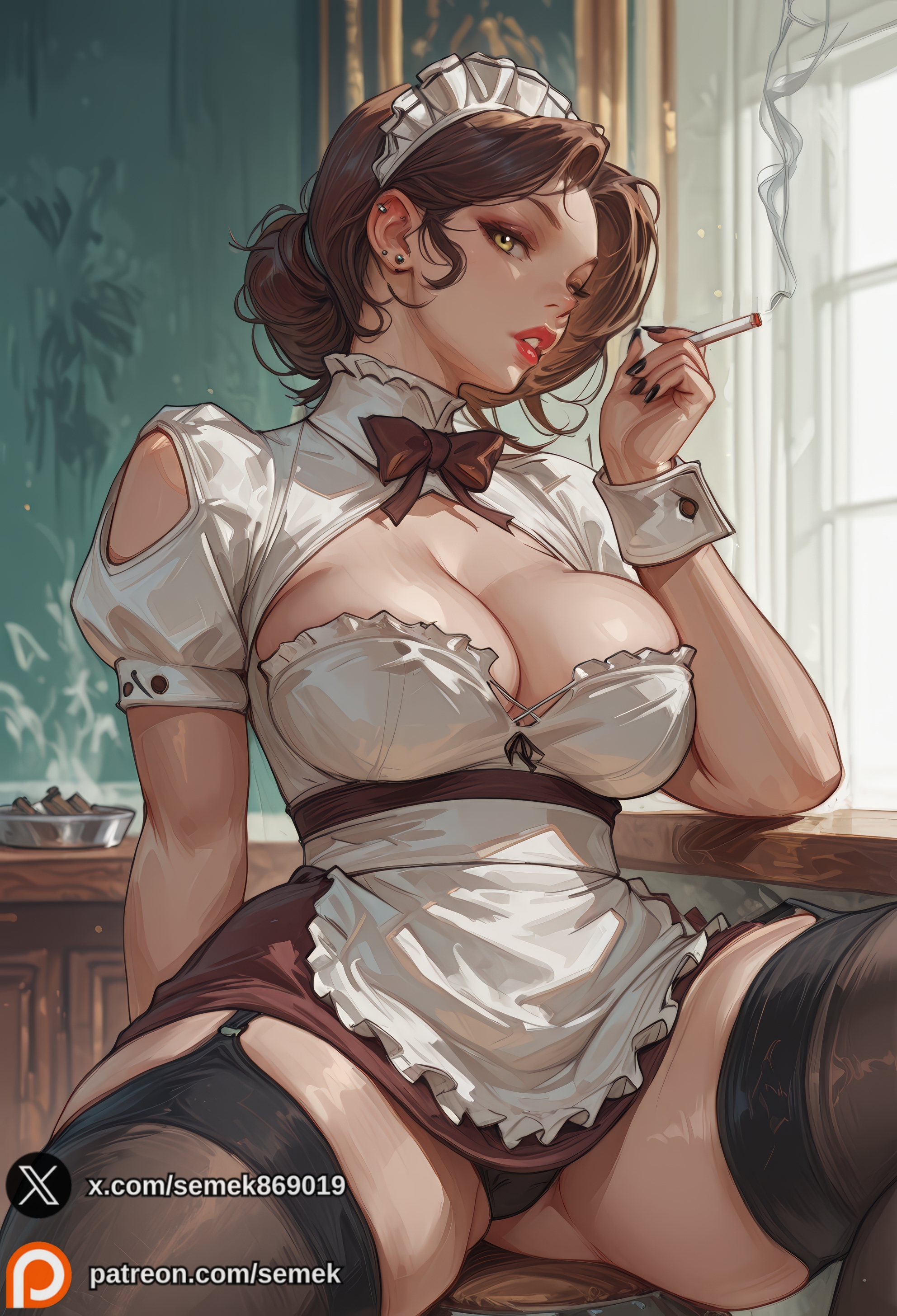ai generated, apron, black panties, black thighhighs, bow, breasts, brown hair, cigarette, cleavage, clothing cutout, ear piercing, earrings, female, garter straps, holding, holding cigarette, indoors, jewelry, large breasts, looking at viewer, maid, maid headdress, nail polish, panties, parted lips, patreon logo, patreon username, piercing, semekart, short sleeves, single hair bun, sitting, smoke, smoking, solo, thick thighs, thighhighs, thighs, underwear, wrist cuffs