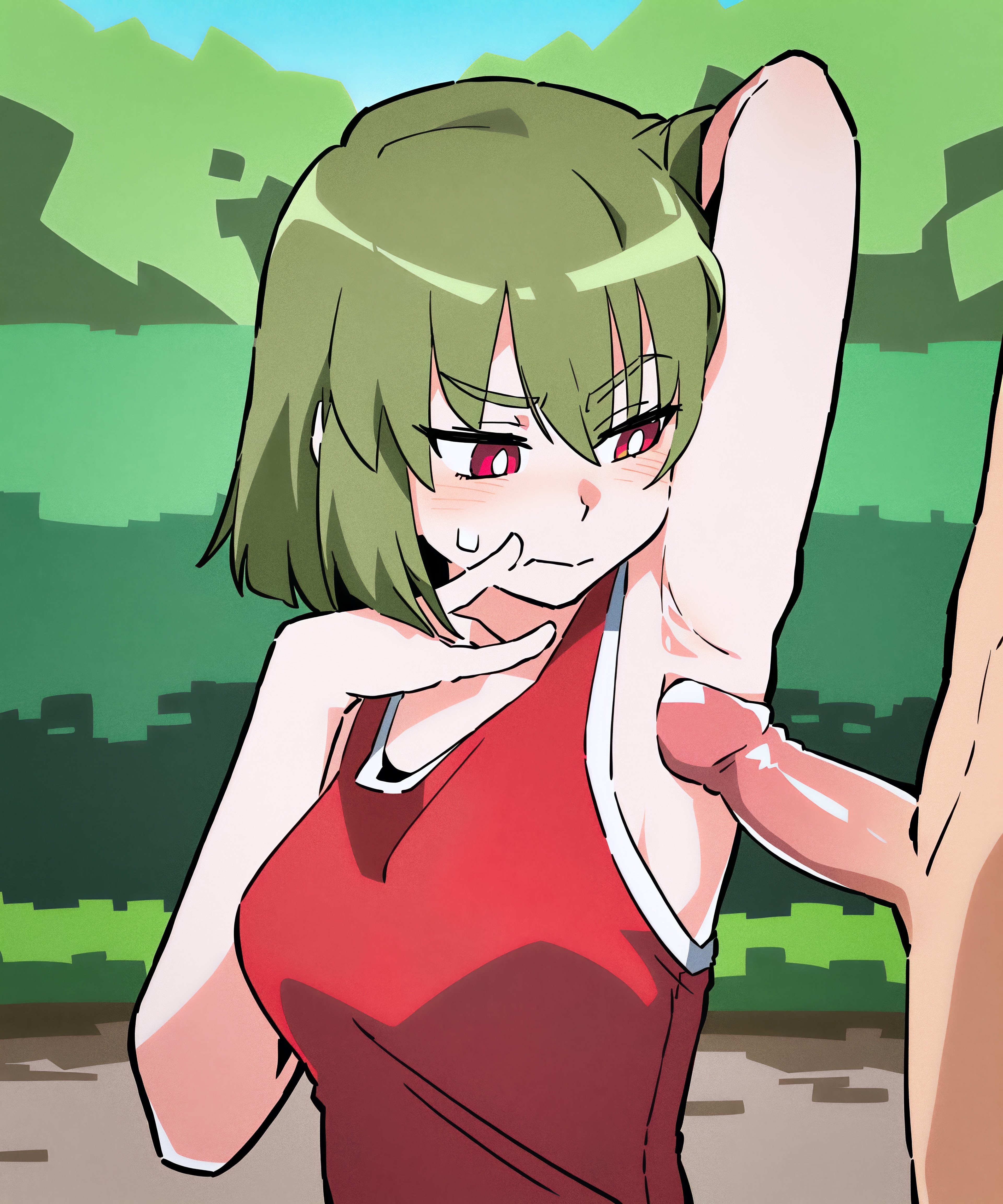 1boy, ai generated, arm behind head, arm up, armpit sex, armpits, blush, breasts, bright pupils, closed mouth, clothed female nude male, day, erection, female, fluffyhairenjoyer, green hair, hair between eyes, idolmaster, idolmaster million live!, looking at penis, male, medium breasts, nagayoshi subaru, nude, outdoors, penis, red eyes, red shirt, red tank top, shirt, short hair, sleeveless, sleeveless shirt, solo focus, straight, sweatdrop, tank top, uncensored, upper body, white pupils