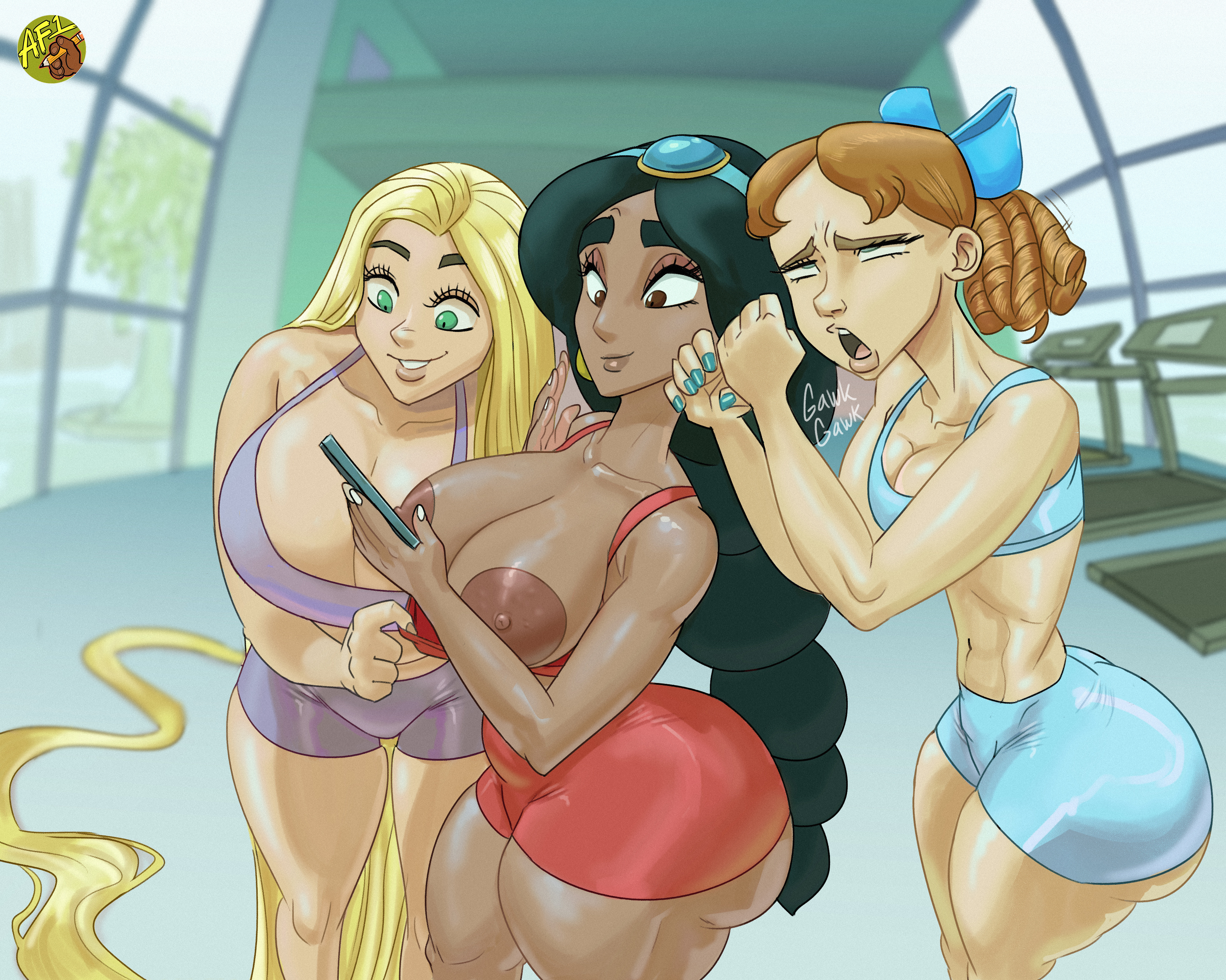 3girls, 5:4, aladdin, aladdin (1992 disney film), alternate version available, arabian, arabian female, artfoo 1, ass, big ass, big breasts, black hair, blonde hair, blue eyes, breasts, british, british female, brown eyes, brown hair, company connection, crossover, dark skin, dark-skinned female, disney, disney princess, fellatio gesture, female, female only, green eyes, gym, gym uniform, huge ass, huge breasts, large ass, large breasts, light skin, light-skinned female, long hair, multiple females, multiple girls, peter pan (disney), phone, princess jasmine, rapunzel, tangled, treadmill, very long hair, wendy darling