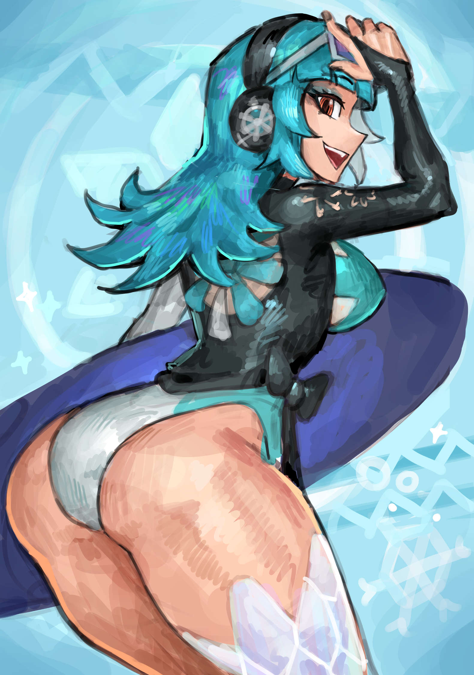 1girls, ass, back view, blue hair, female, ice, leaning forward, light skin, light-skinned female, luna snow, luna snow (cool summer), luna snow (marvel rivals), marvel, marvel comics, marvel rivals, one-piece swimsuit, round ass, saiykik, surfboard, swimsuit, thick thighs, white hair