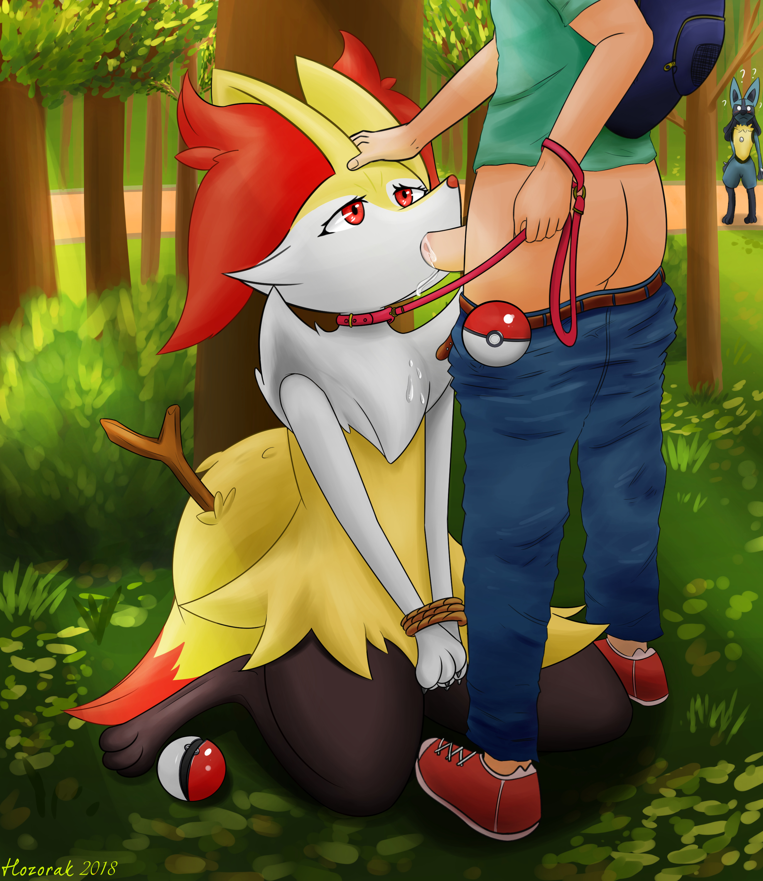 ?, 1boy, 2018, ambiguous gender, anthro, arms tied, ass, backpack, beige penis, beige skin, big ears, big tail, black fur, blue fur, bondage, braixen, bush, canine, clothed, collar, cum, cum in mouth, cum inside, cum leaking, cumdrip, cumshot, day, duo focus, erection, eyelashes, feet, fellatio, female, forest, furry, girly, grass, group, hand on head, hi res, hozorak, human, interspecies, kneeling, leash, looking up, lucario, male, mammal, nature, nintendo, no nipples, oral, oral sex, outdoors, pants, pants down, paws, penis, poke ball, pokemon, pokemon (species), pokemon dppt, pokephilia, public, public sex, red eyes, rope, shirt, shoes, sitting, spikes, standing, stick, straight, tail, tan penis, tan skin, text, trainer, tree, video games, wariza, watermark, white fur, yellow fur