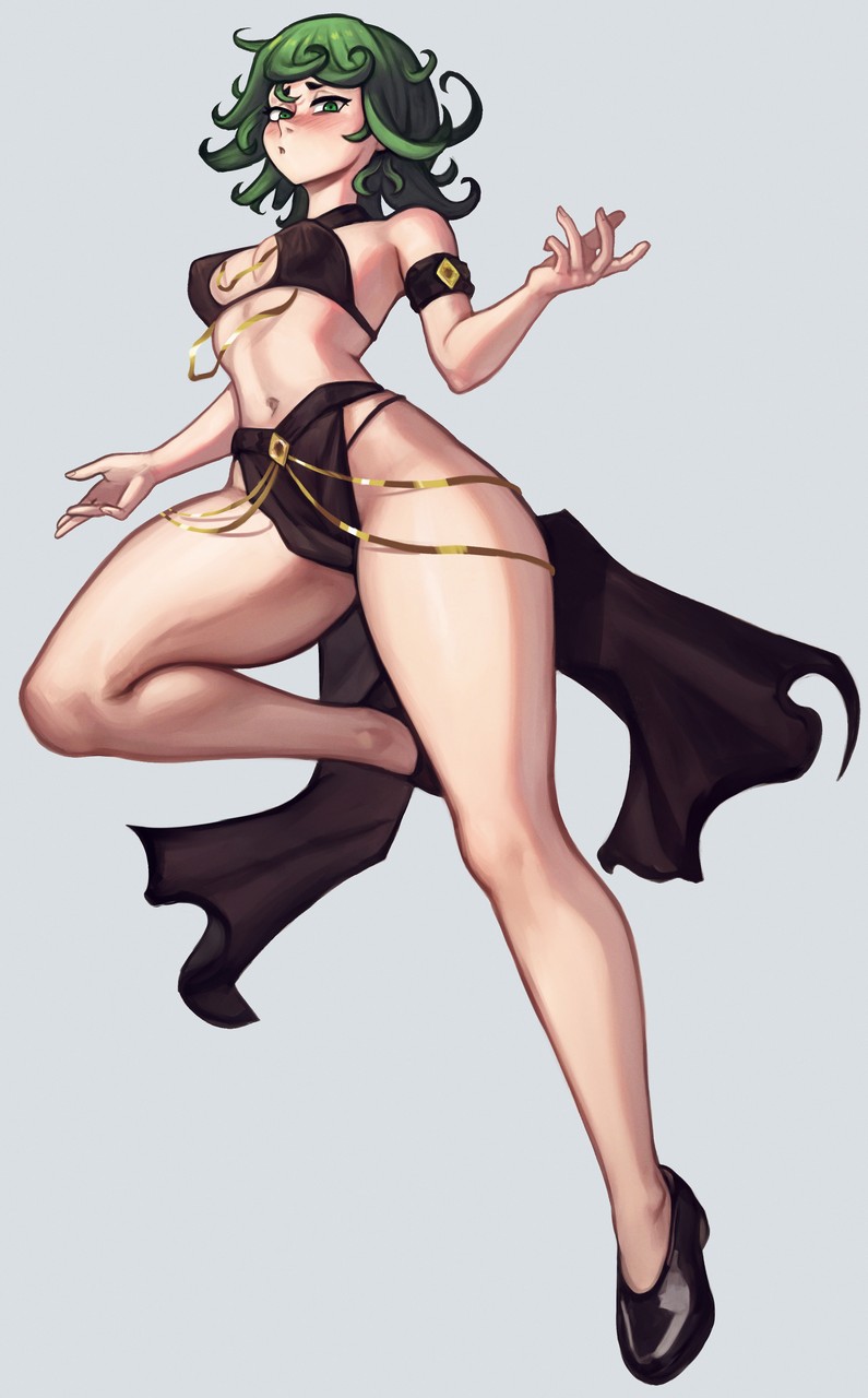1girls, akeowi, armband, blush, breasts, dress, female, flying, green eyes, green hair, high heels, legs, light skin, light-skinned female, midriff, one-punch man, perky breasts, small breasts, tatsumaki, thick thighs
