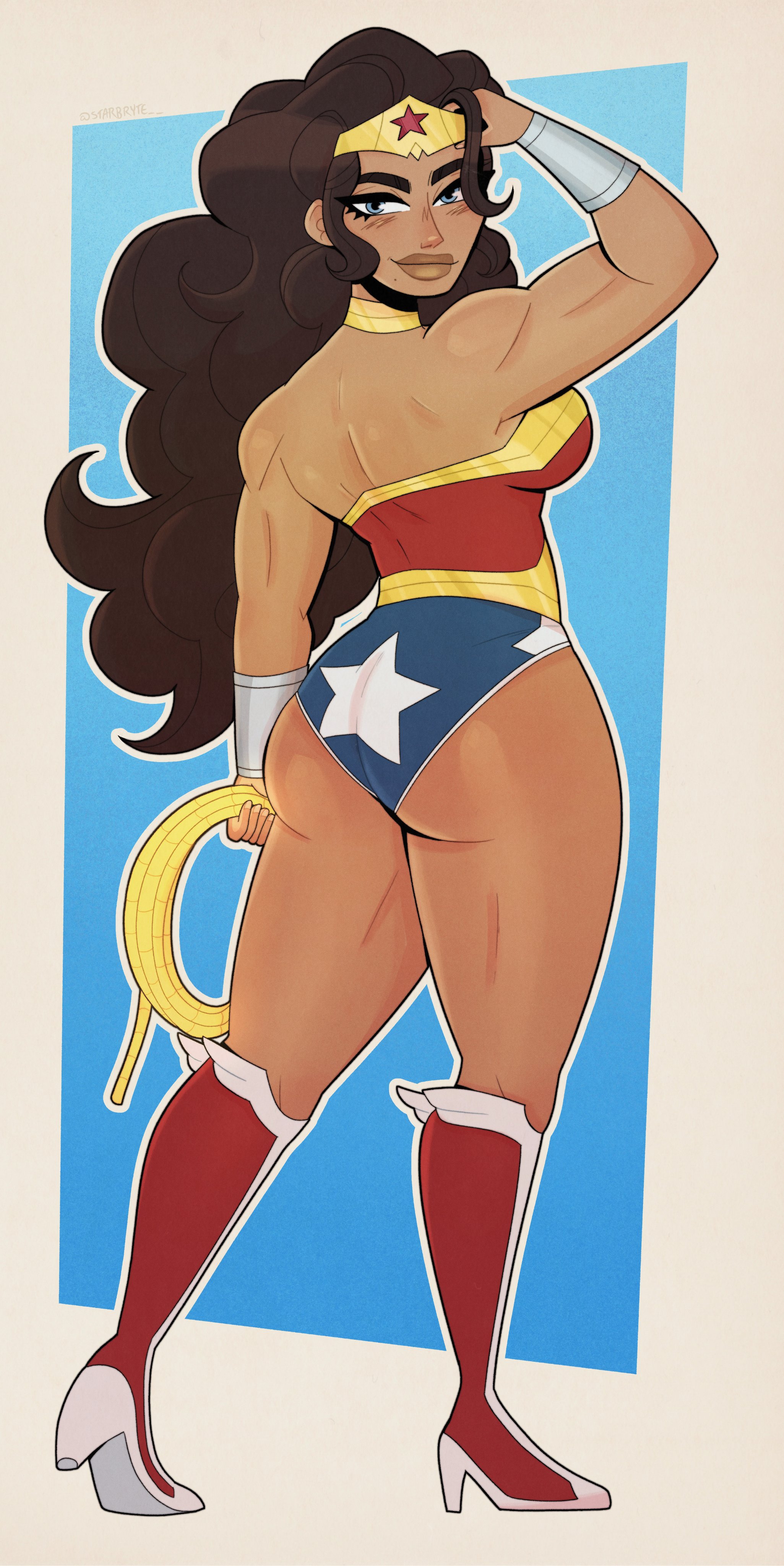 1girls, artist name, ass, back view, black hair, blue eyes, boots, bracelets, dc, dc comics, diana prince, female, high heel boots, kneehighs, lasso of truth, looking over shoulder, muscular, muscular female, round ass, starbryte, superheroine, tan skin, tan-skinned female, wonder woman, wonder woman (series)