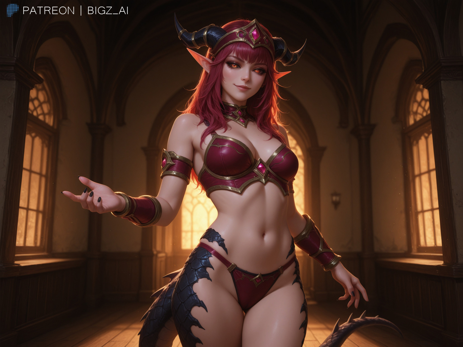 1girls, absurd res, absurdres, ai generated, alexstrasza, big breasts, bigz ai, black sclera, blizzard entertainment, bra, breasts, dragon, dragon girl, dragon horns, dragon tail, elf ears, female, female focus, highres, horn, horns, indoors, jewelry, light skin, light-skinned female, long ears, looking at viewer, medium breasts, monster girl, panties, red hair, scales, smile, tail, video games, warcraft, wide hips, world of warcraft