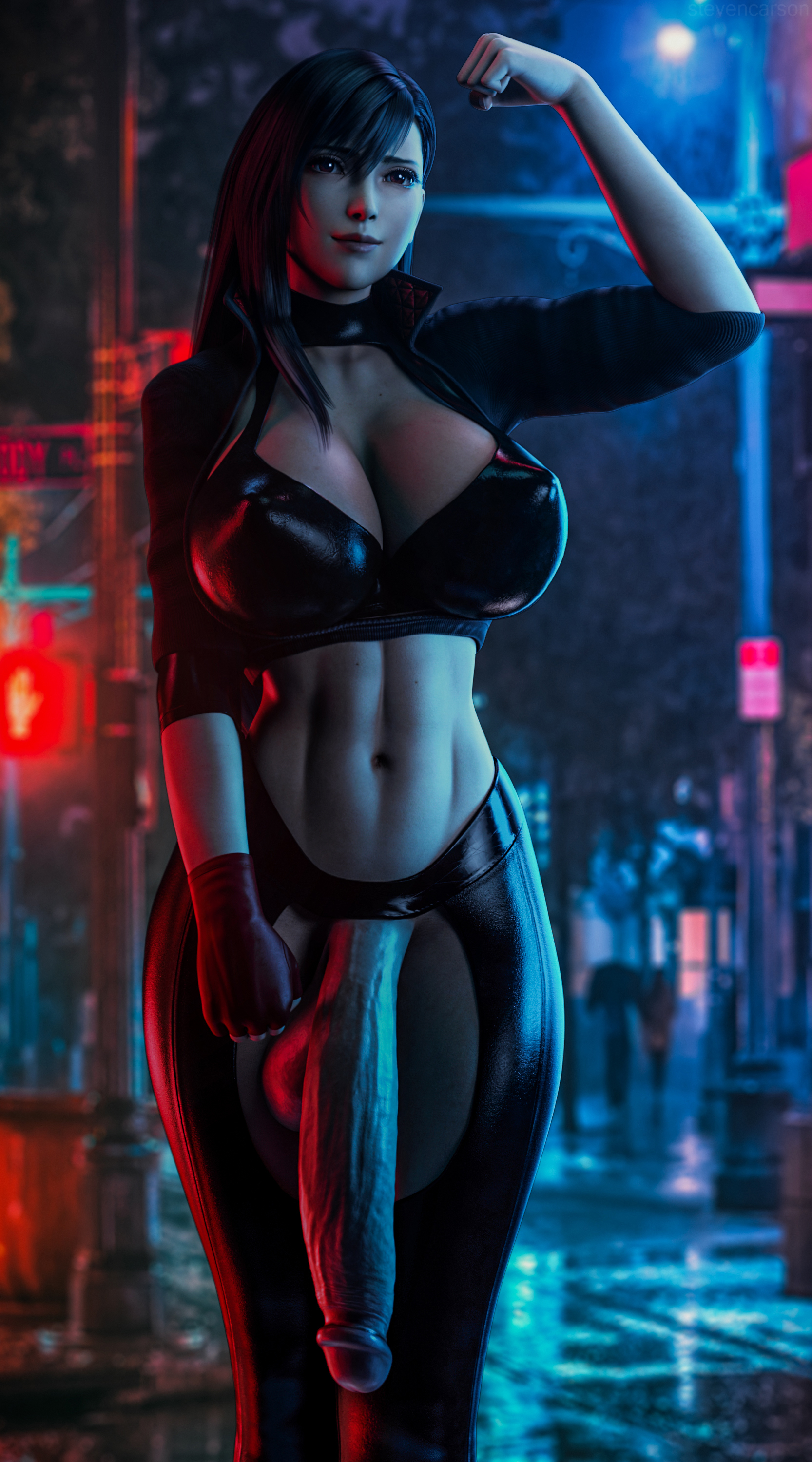 1futa, 3d, areolae, assless chaps, balls, breasts, cleavage, crotchless, curvy, dissidia, dissidia final fantasy, erect nipples, final fantasy, final fantasy vii, flaccid, flexing, futa only, futanari, huge balls, huge breasts, huge cock, hyper, hyper penis, intersex, looking at viewer, muscular, muscular futa, nipple bulge, nipples, penis, penis out, solo, solo futa, standing, stevencarson, tank top, tifa lockhart