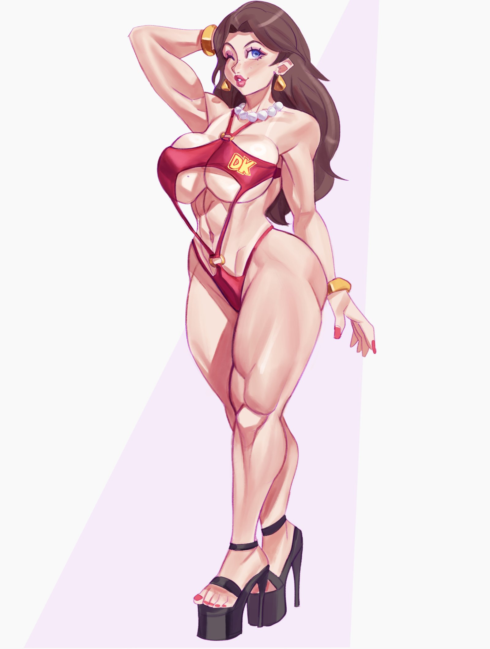 1girls, big breasts, blue eyes, breasts, brown hair, busty, curvy, dlusional, donkey kong (series), earrings, female, high heels, hips, light skin, light-skinned female, mario (series), nintendo, pauline, pearl necklace, platform heels, red lipstick, swimsuit, thick thighs, underboob, wink