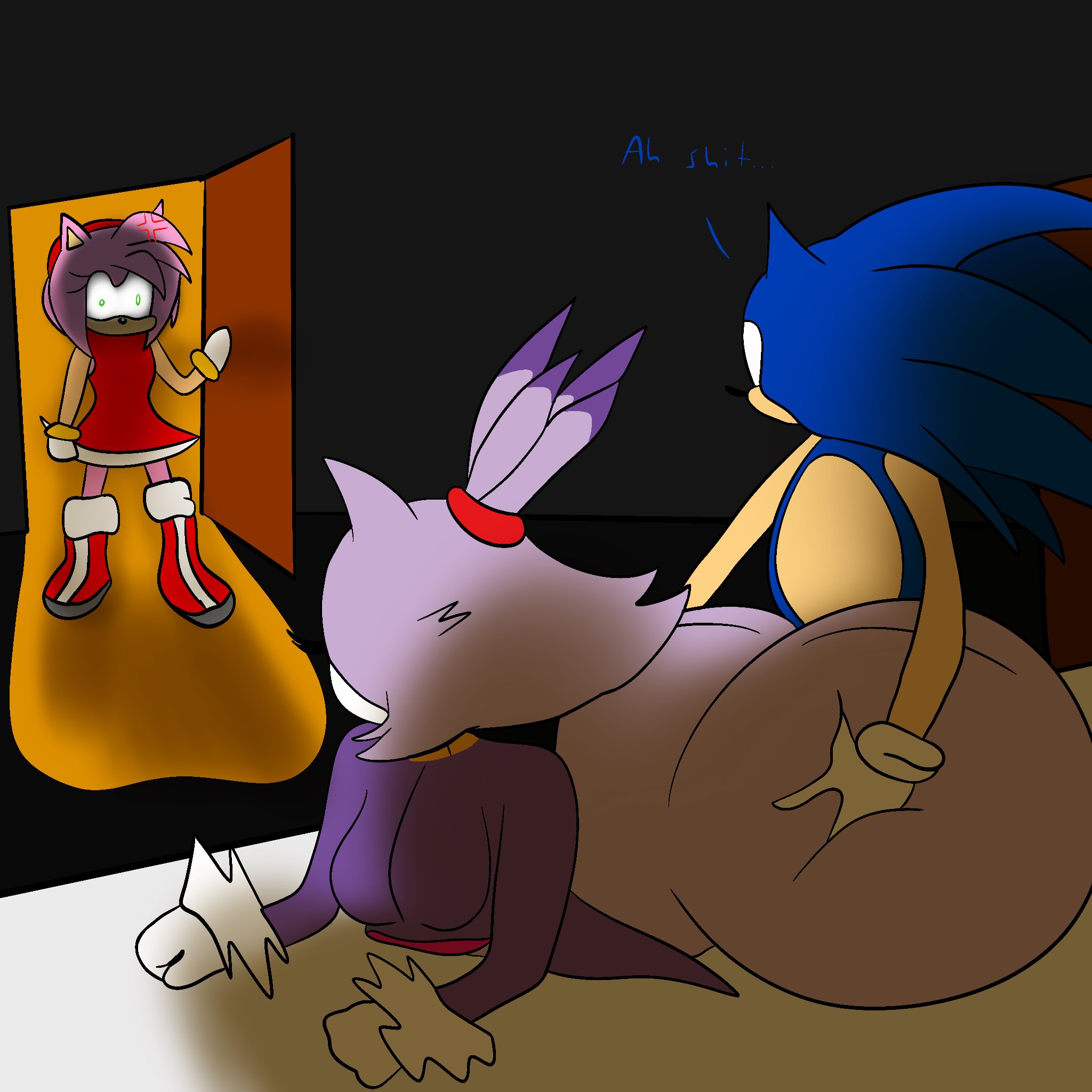 1boy, 2girls, amy rose, angry, angry expression, ass, ass grab, bedroom, big ass, blaze the cat, caught, caught in the act, cheating, cheating boyfriend, cuckquean, curvydoodles, female, huge ass, male, netorare, prone bone, sega, sex, sonic (series), sonic rush, sonic the hedgehog, sonic the hedgehog (series), straight