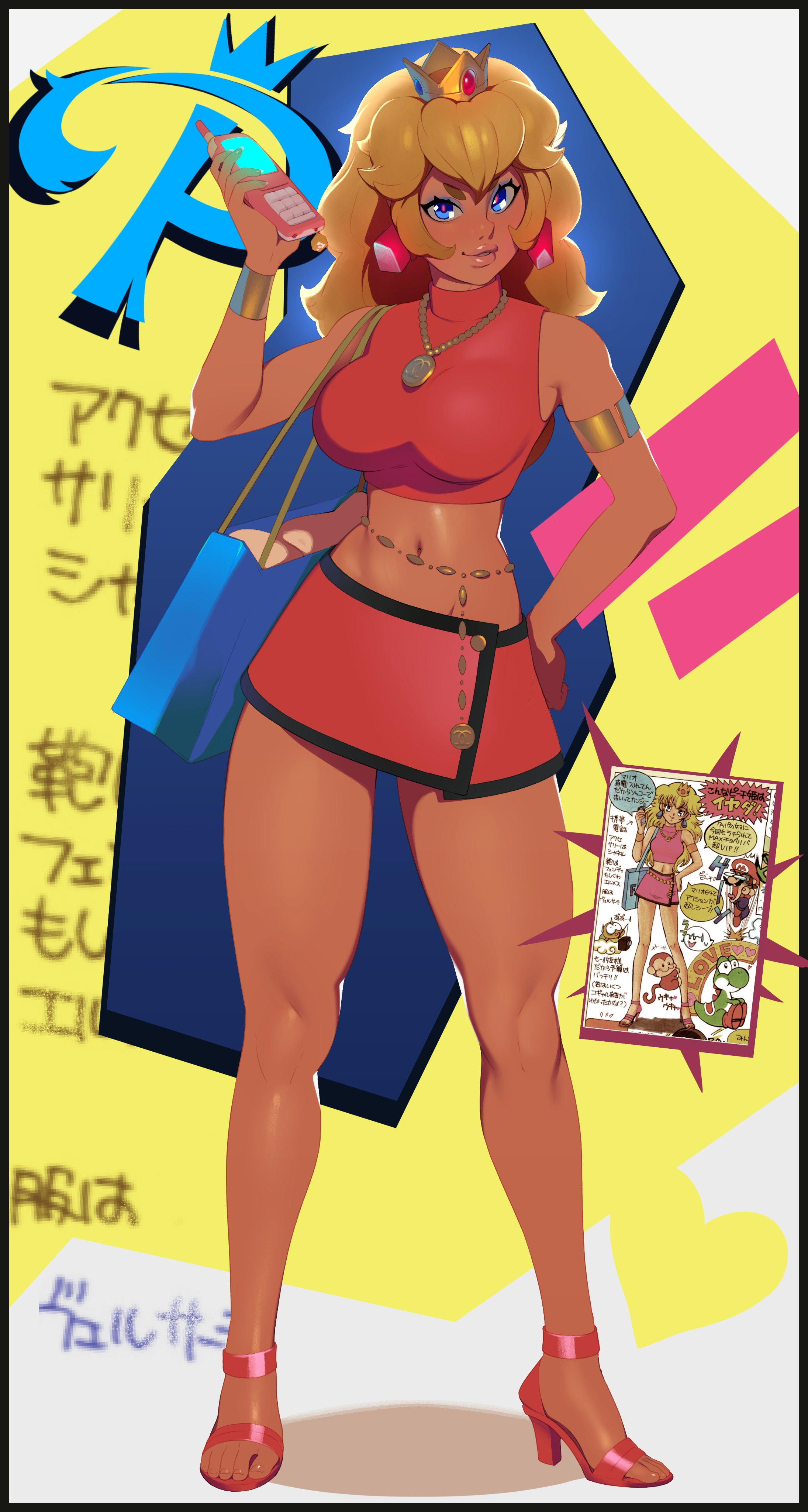 1girls, blonde hair, blue eyes, cellphone, combos-n-doodles, crown, fashion, female, high heels, legs, light skin, light-skinned female, mario (series), midriff, miniskirt, nintendo, open toe shoes, princess peach, shopping bag, short skirt, skirt, slender body