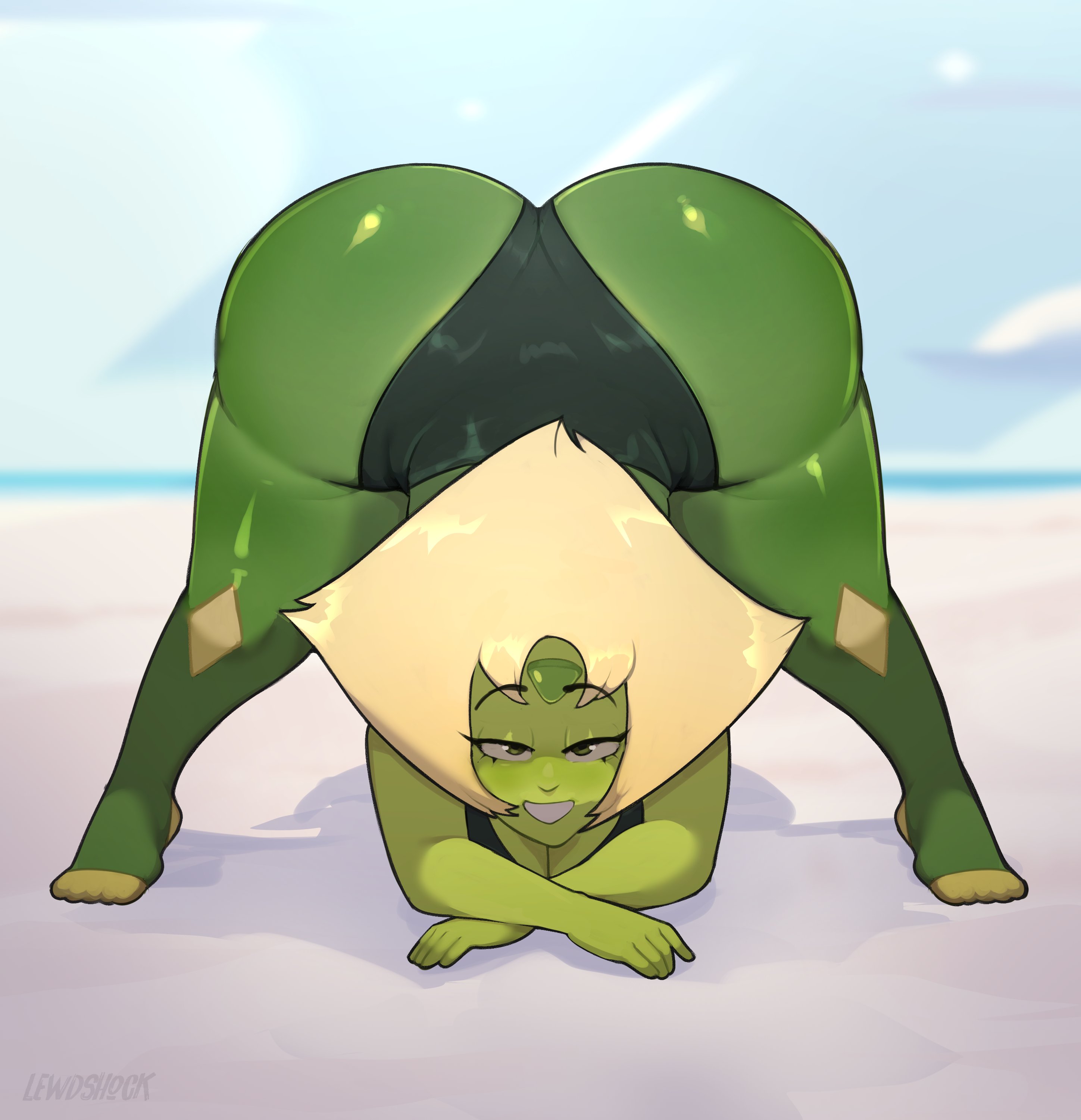 1girls, artist name, ass, bent over, blonde hair, cartoon network, fat ass, female, gem (species), green skin, huge ass, jackochallenge, legs spread, lewdshock, peridot (steven universe), shortstack, smiling, steven universe, thick thighs, tight clothing
