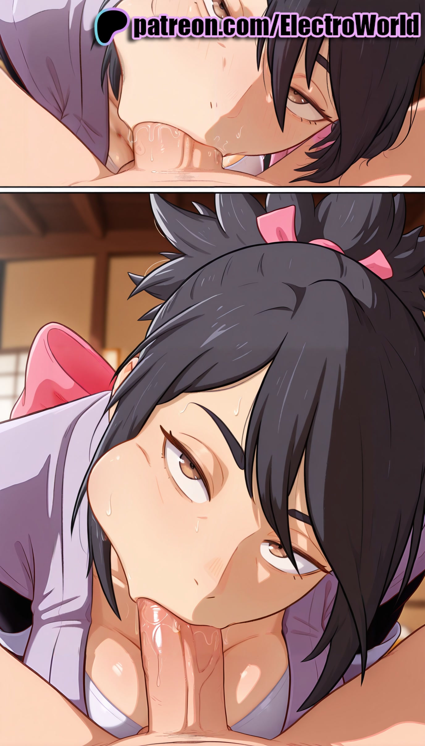 :>=, 1girls, 2025, ai generated, artist name, blowjob, blowjob face, blush, breasts, brown eyes, bust, chest, cock, deepthroat, dick, electroworld, fellatio, female, hi res, high quality, high resolution, highres, irrumatio, licking, male, oral, oral sex, patreon, patreon username, penis, sheena fujibayashi, stable diffusion, straight, sucking, tales of (series), tales of symphonia, uncensored, watermark