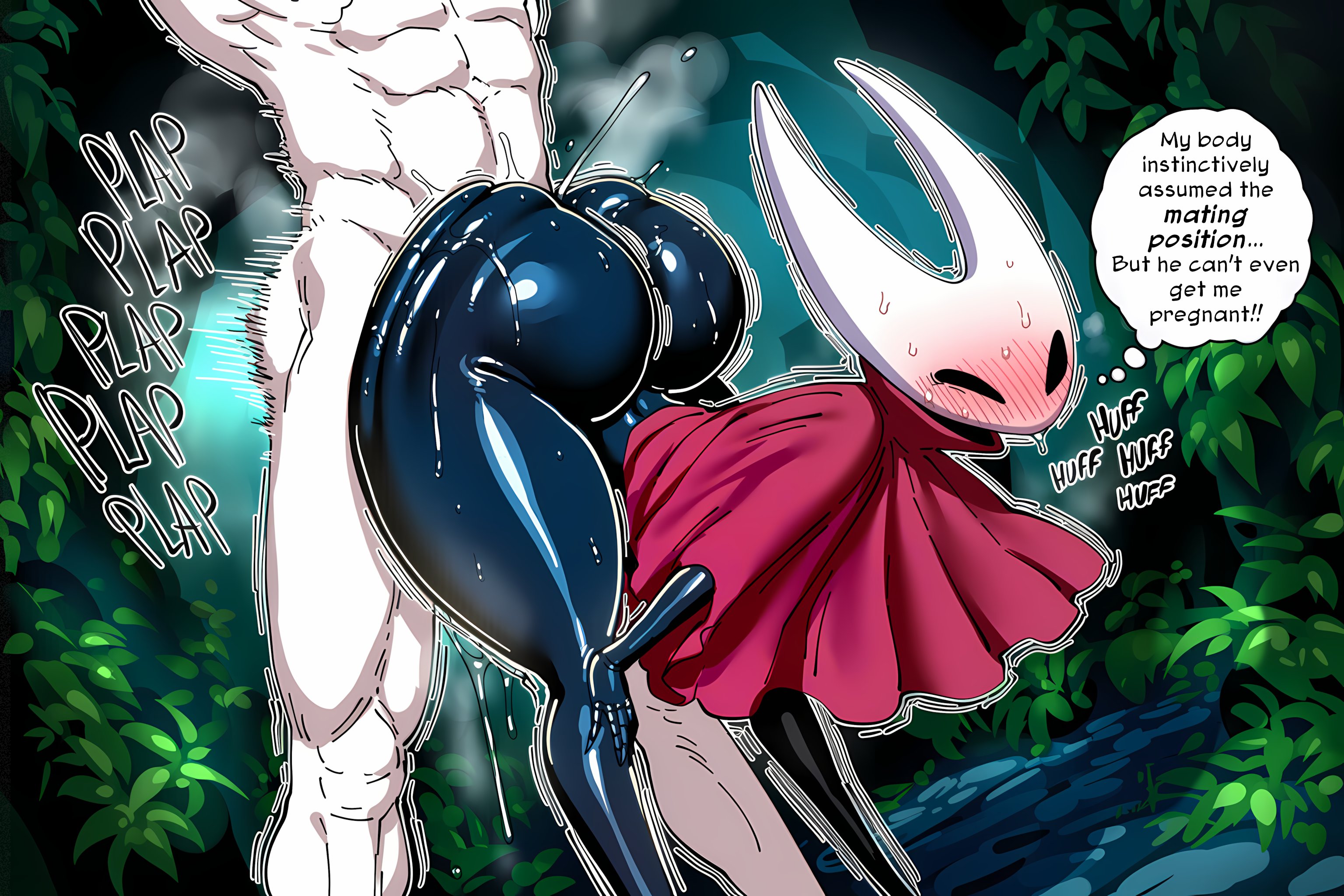 1boy1girl, 1girl1boy, 1girls, ai, ai art, ai generated, ai-created, ambiguous penetration, anonymous male, aroused, big ass, blush, bug girl, cave, clothing, dialogue, embarrassed, embarrassed female, english, english dialogue, english text, female, glissando, hands on knees, hollow knight, hollow knight (franchise), hollow knight: silksong, hornet (hollow knight), horns, horny, horny female, huff, nude male, plap, red cape, round ass, round butt, sex, sweat, sweatdrop, sweaty ass, thick ass, thick legs, thick thighs, vegetation, wide hips