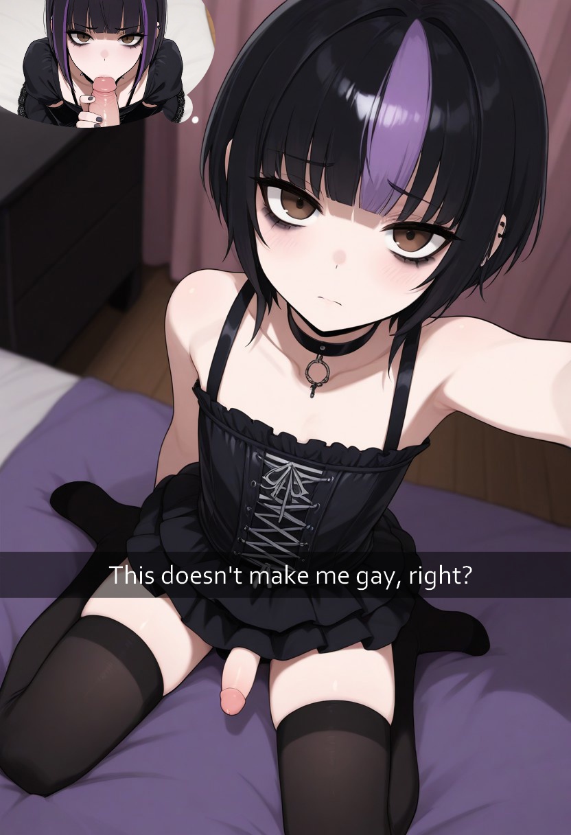 ai generated, bedroom, black hair, brown eyes, dark makeup, erection, exposed penis, fag, faggot, femboy, gay, goth, goth boy, habitdew, humiliation, loser, male, penis, selfie, shame, sissy, small penis, snapchat, trap