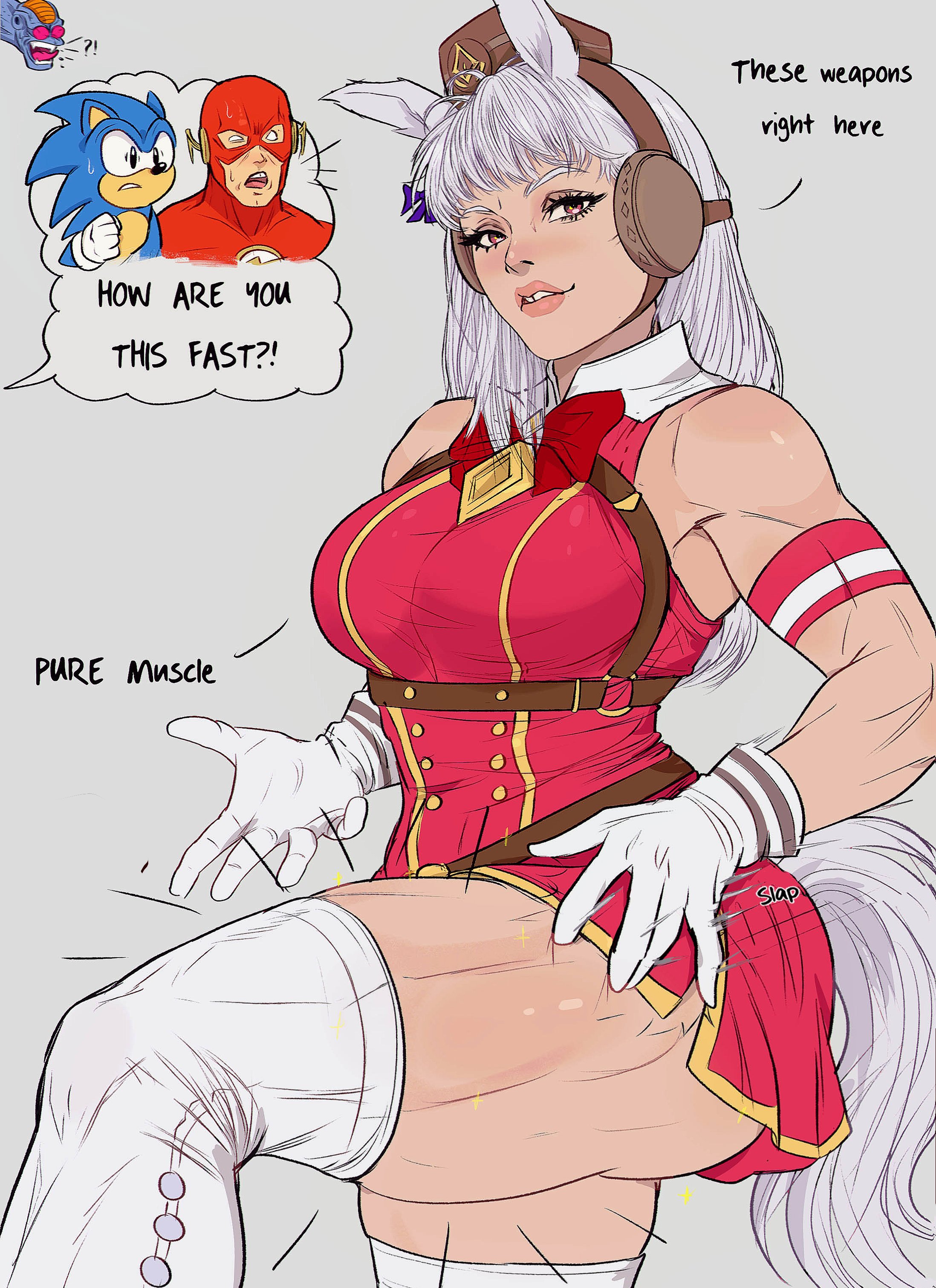 1girls, armband, barry allen, breasts, burter, busty, dc, dc comics, dialogue, dragon ball, dragon ball z, english text, female, gloves, gold ship (umamusume), horse ears, horse girl, horse tail, light skin, light-skinned female, muscular, muscular arms, muscular female, muscular thighs, skirt, sonic (series), sonic the hedgehog, sonic the hedgehog (series), the flash, thick thighs, thighhighs, thighs, umamusume, umamusume pretty derby, white hair, yoracrab