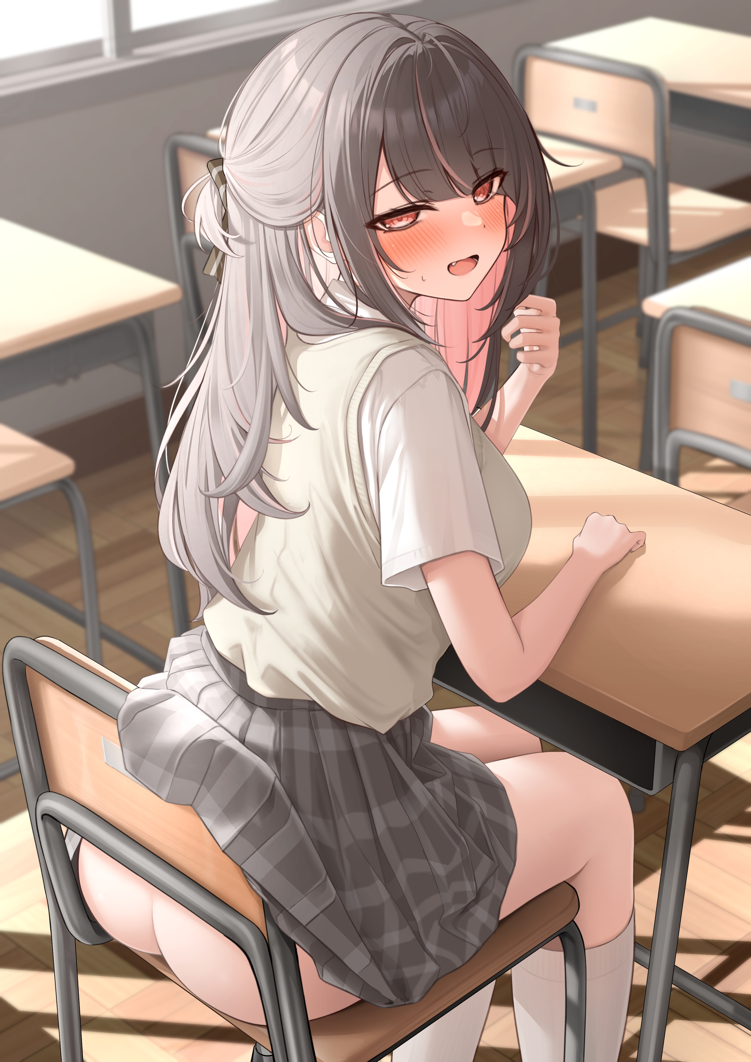 :d, ass, black hair, blush, breasts, chair, classroom, colored inner hair, desk, eyes visible through hair, female, grey skirt, hand up, highres, imouto-chan (monaka curl), indoors, large breasts, looking at viewer, looking back, monaka curl, multicolored hair, no panties, open mouth, original, pink hair, plaid clothes, plaid skirt, red eyes, school desk, school uniform, shirt, shirt tucked in, short sleeves, sitting, skirt, smile, socks, solo, two-tone hair, white shirt, white socks