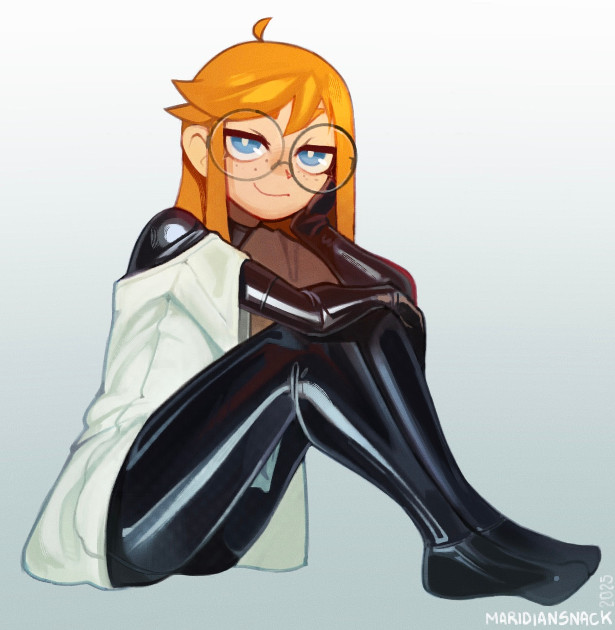 1girls, black bodysuit, blue eyes, bodysuit, female, female only, freckles, glasses, jpeg, latex, latex bodysuit, latex clothing, latex gloves, latex suit, looking at viewer, maridiansnack, orange hair, posing, signature, siri jay, smile, solo