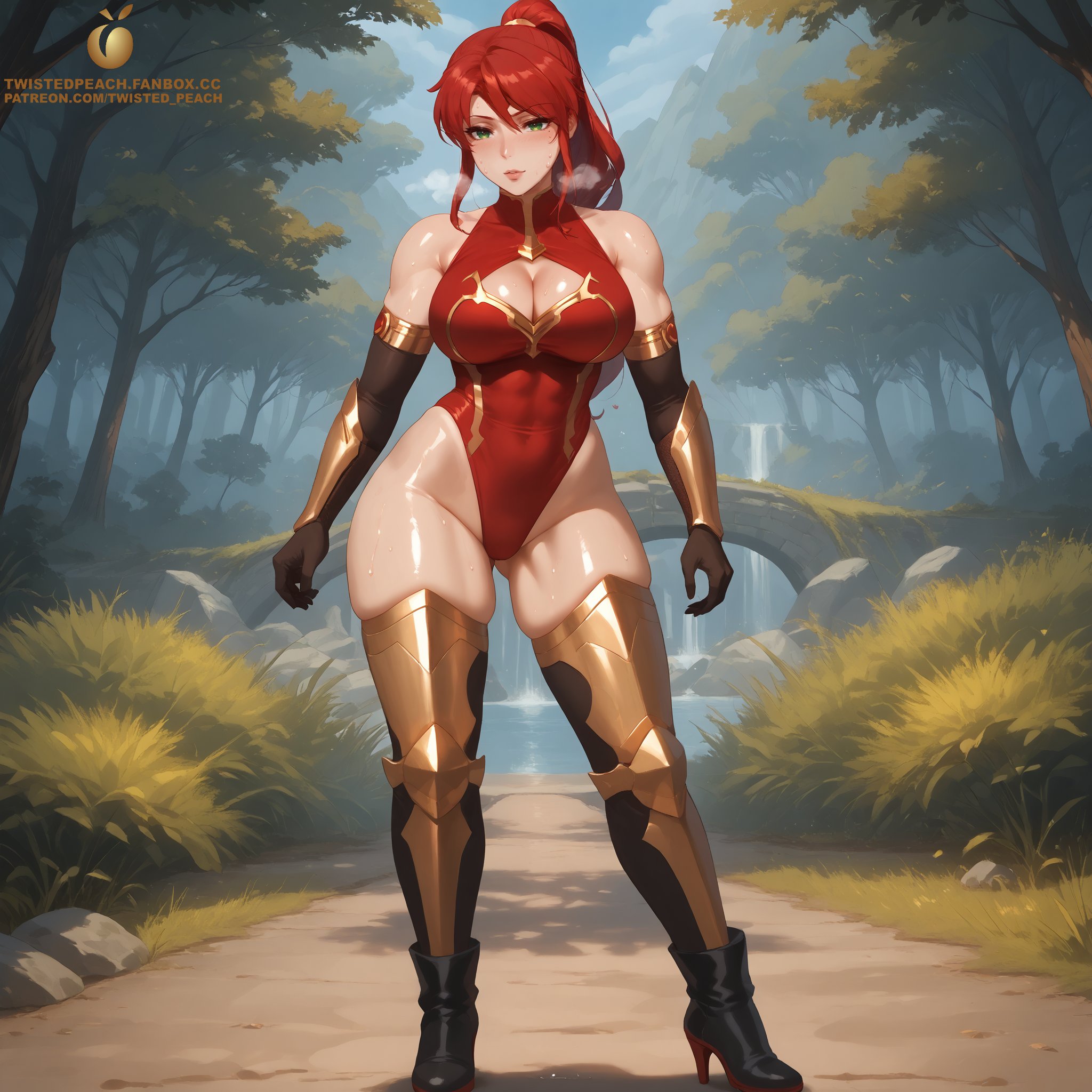abs, ai generated, armor, ass, athletic female, boob window, boots, breasts, busty, cleavage, cleavage cutout, elbow gloves, female, green eyes, heels, impossible clothes, large ass, large breasts, leotard, long hair, ponytail, pose, posing, pyrrha nikos, red eyes, rwby, standing, tagme, taimanin suit, tight clothing, twistedpeach