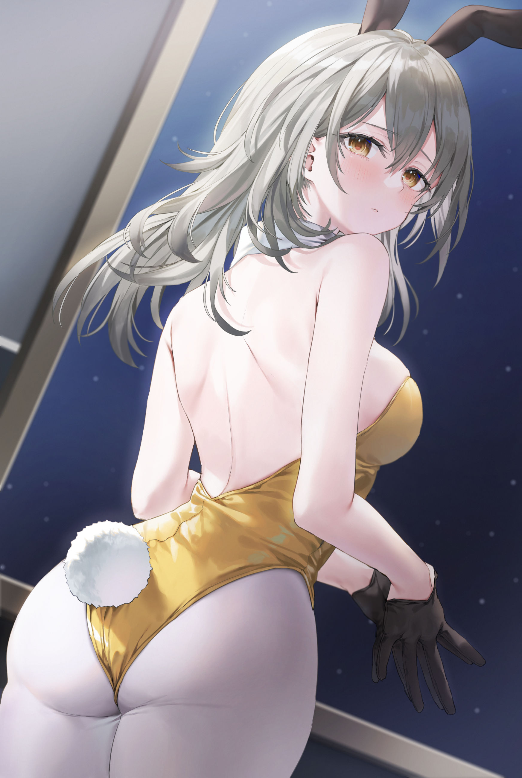 1girls, ass, ass out, black gloves, bunny ears, bunny tail, bunnysuit, female, female only, gloves, gold bunnysuit, green hair, grey hair, honkai (series), honkai: star rail, light skin, light-skinned female, long hair, looking at viewer, posiiyana, stelle (honkai: star rail), trailblazer (honkai: star rail), white pantyhose, yellow eyes