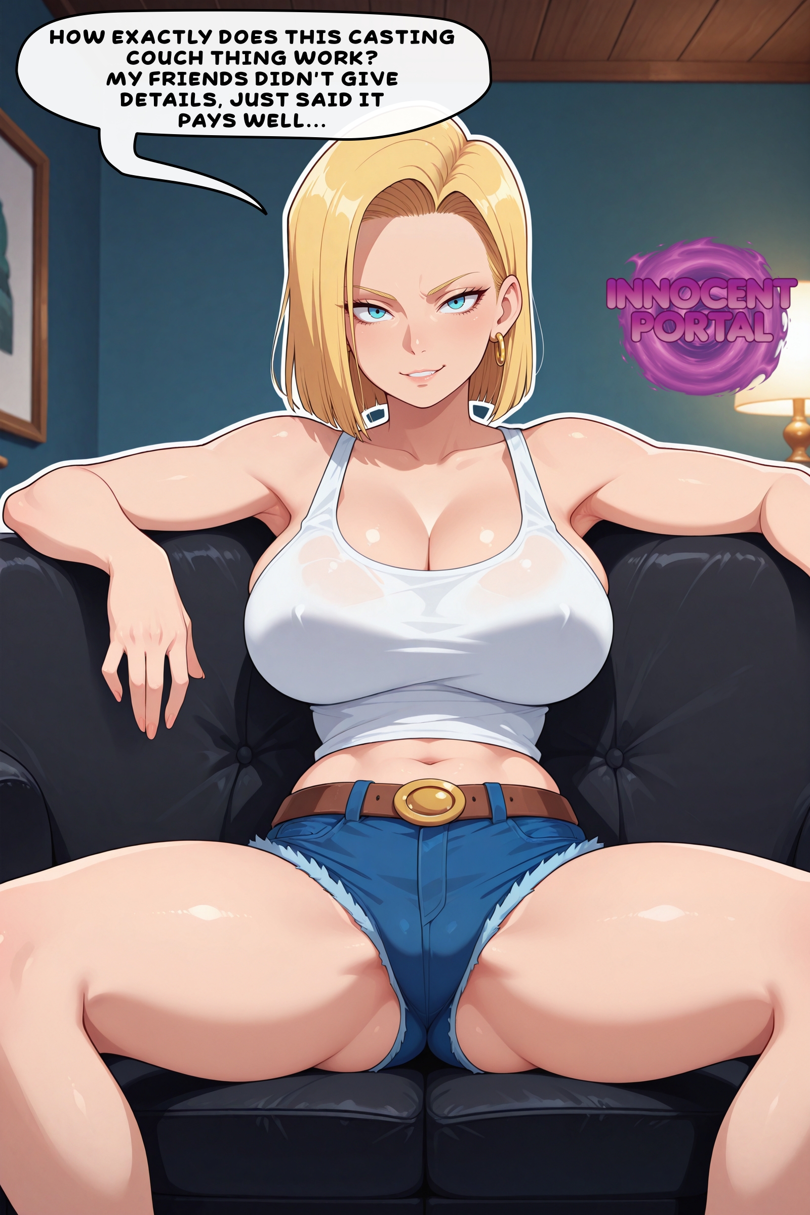 1girls, ai generated, android, android 18, android girl, ass, belt, big breasts, black couch, blonde female, blonde hair, blonde-haired female, blue eyes, breasts, butt fang, casting couch, cleavage, couch, denim shorts, dragon ball, dragon ball super, dragon ball z, earrings, english, english text, female, female focus, female only, jorgecarlosai, legs spread, mature, mature female, mature woman, medium hair, midriff, milf, navel, open legs, short shorts, smirk, speech, speech bubble, spread legs, tank top, text, text bubble, watermark, white tank top