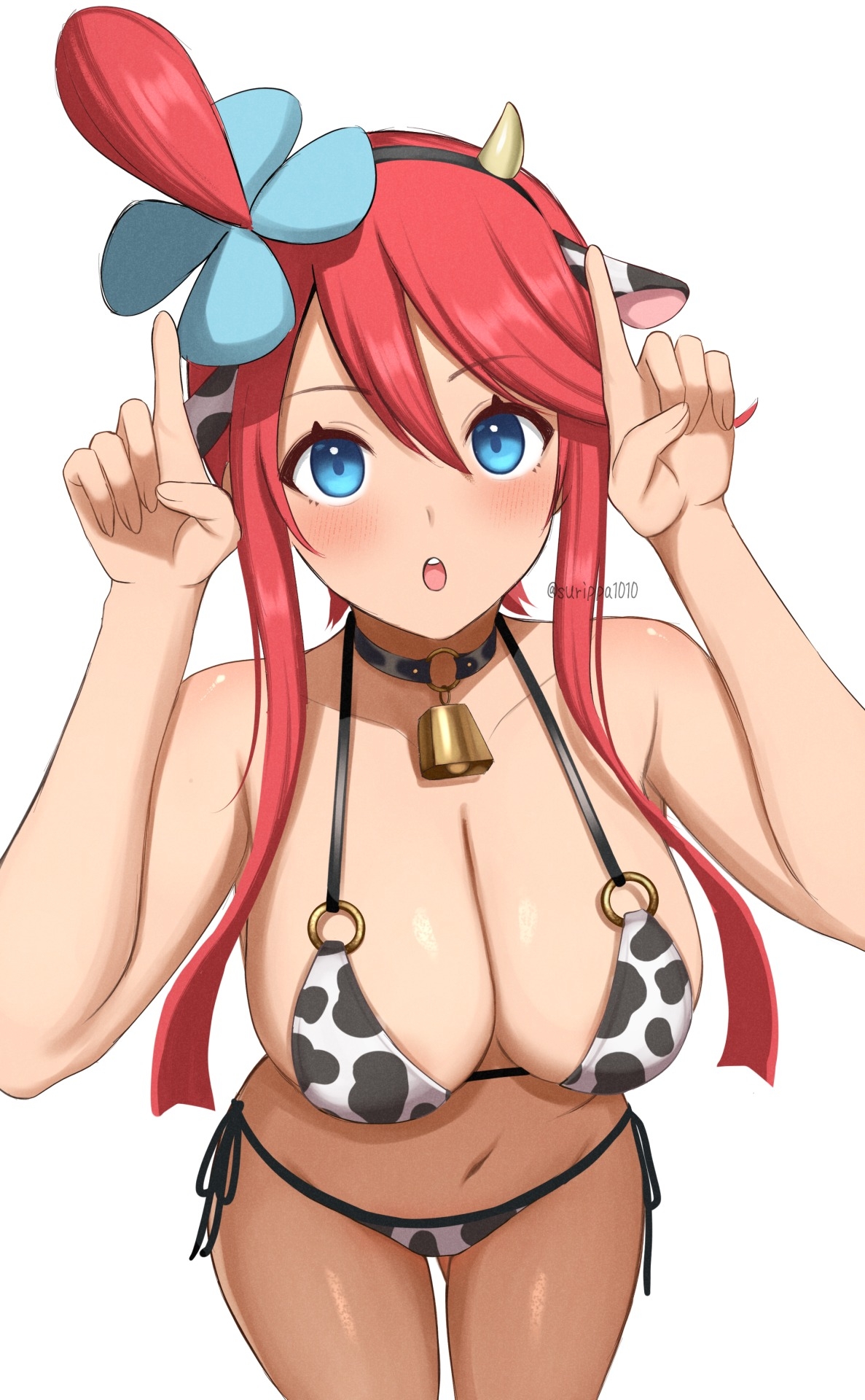 bare arms, bare belly, bare legs, bare shoulders, bare thighs, bell, belly button, big breasts, bikini, blue eyes, blush, body blush, breasts, choker, cleavage, collarbone, cow ears, cow print, dark-skinned female, female, hair ornament, hairb, hairband, long hair, neck bell, parted lips, pokemon, red hair, shiny skin, side-tie bikini bottom, skyla (pokemon), surippa1010, thighs